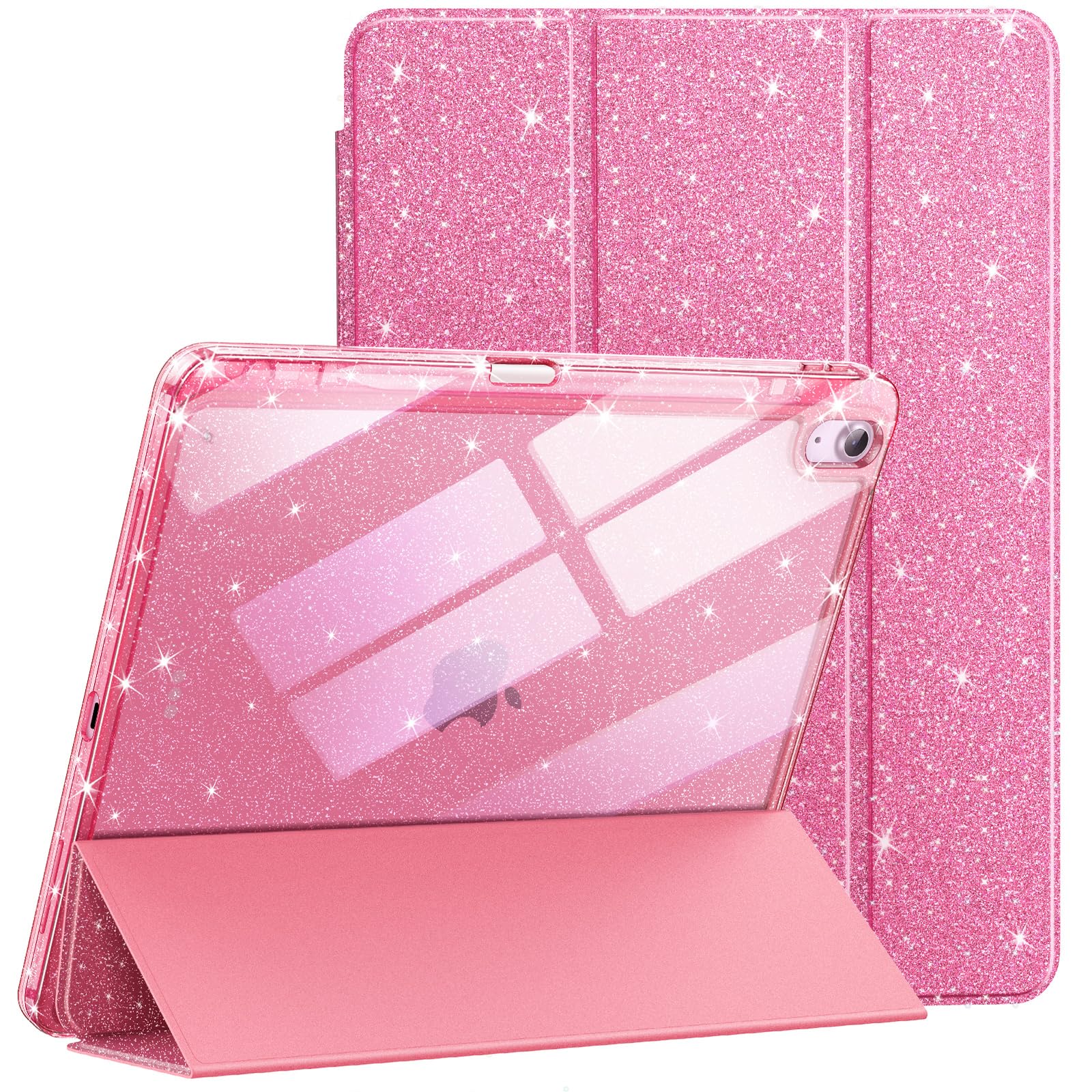 JETech Glitter Case for iPad Air 11-Inch M3/M2 (2025/2024), iPad Air 5/4 (2022/2020 5th/4th) with Pencil Holder, Cute Sparkly Slim Cover for Kids and Girls, Shiny Clear Back Shell (Pink)