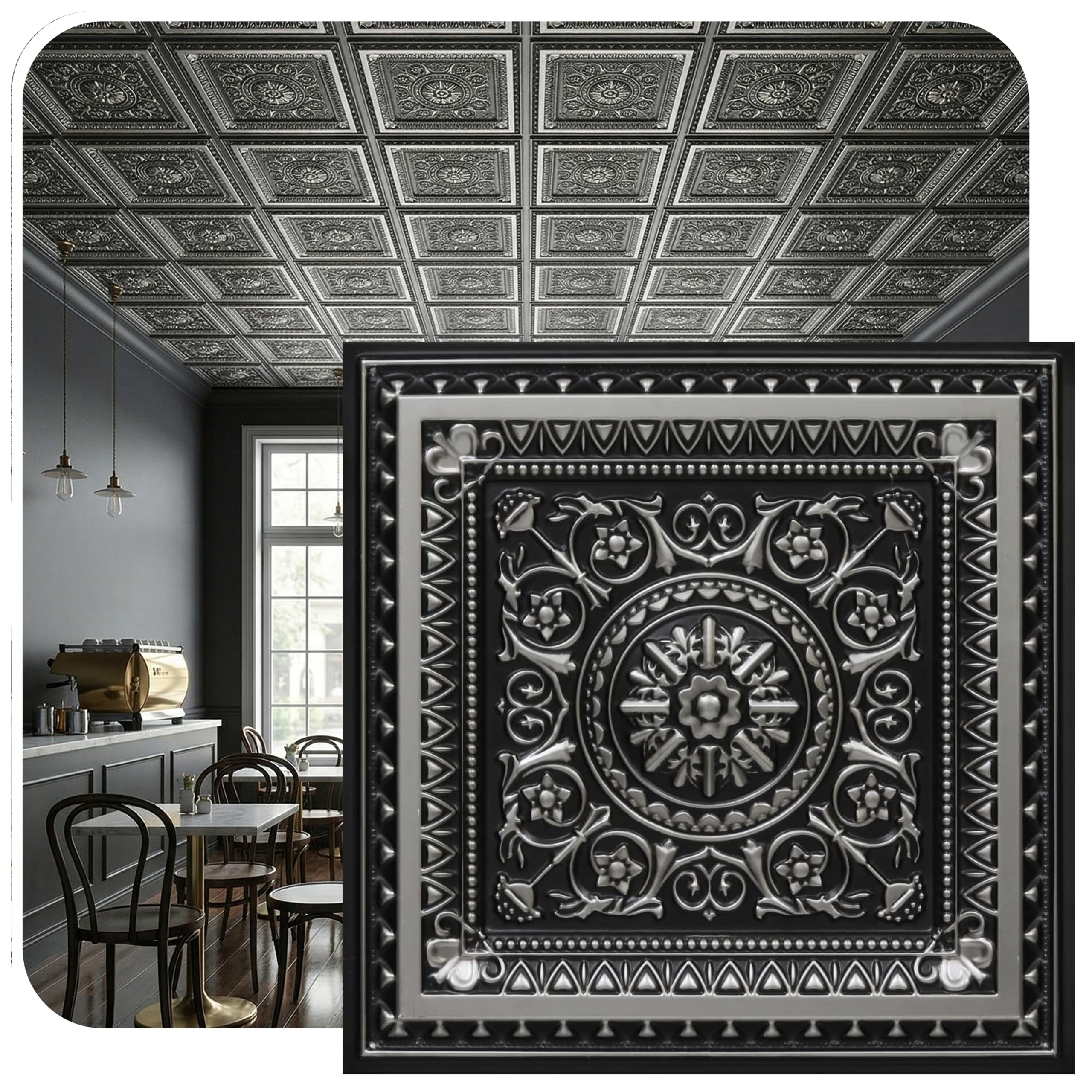 Azulejos de techo La Scala en plata envejecida de diseño exclusivo para salones elegantes