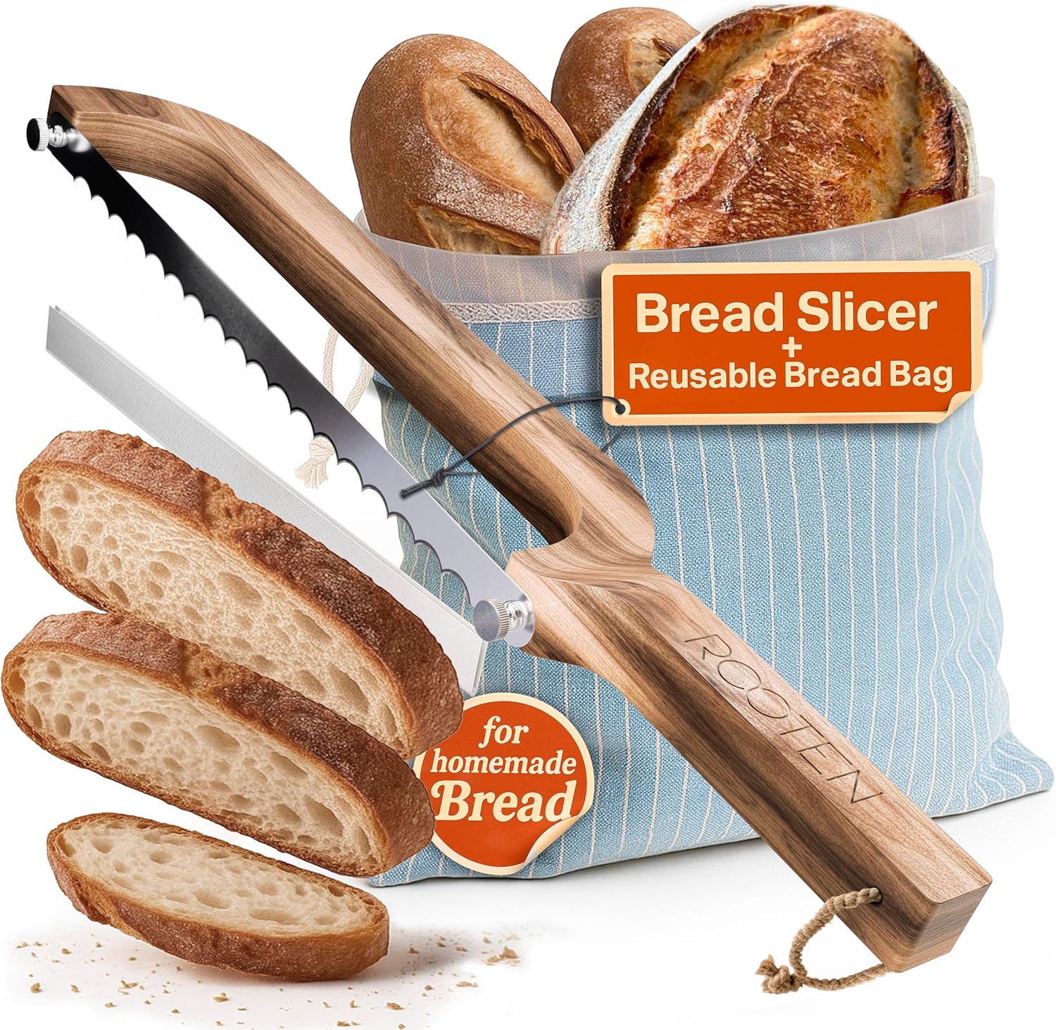 ROOTEN Acacia Wood Sourdough Bread Slicer & Reusable Bag Set