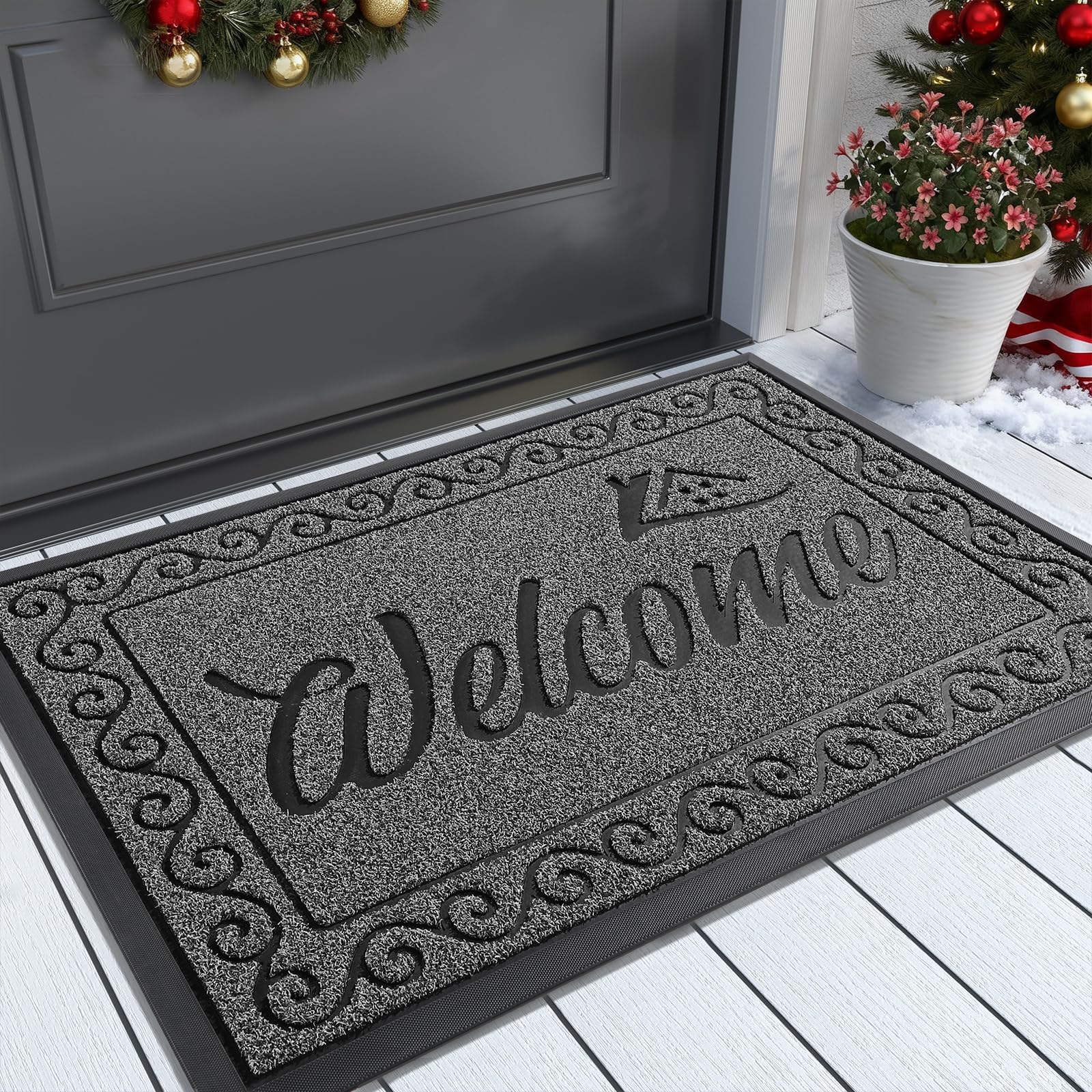 Welcome Mat, Heavy Duty Sturdy Door Mats for Home Entrance Outdoor Indoor, Front Doormat for Outside Patio Floor Entry Porch Garage Office, Waterproof, Low Profile, 29.5x17, Black Grey