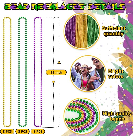 24PCS Mardi Gras Accessories, Mardi Gras Green Purple Gold Metallic Beads Necklaces Accessories Bulk, Mardi Gras Beads Necklace Costumes Women Men Kids for Parade Throws Party Decor Favor Supplies