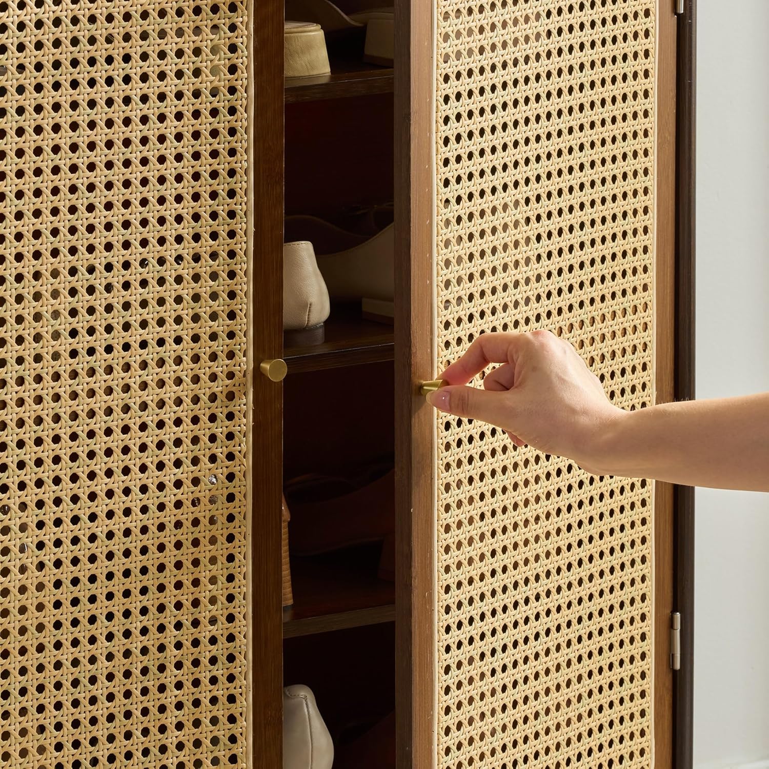 Wilk Rattan Cabinet, Sideboard Buffet Cabinet, 6-Tiers Storage Cabinet with 2 Rattan Doors for Hallway, Living Room, Entryway - 26.4’’x13’’x41.5’’ - Brown