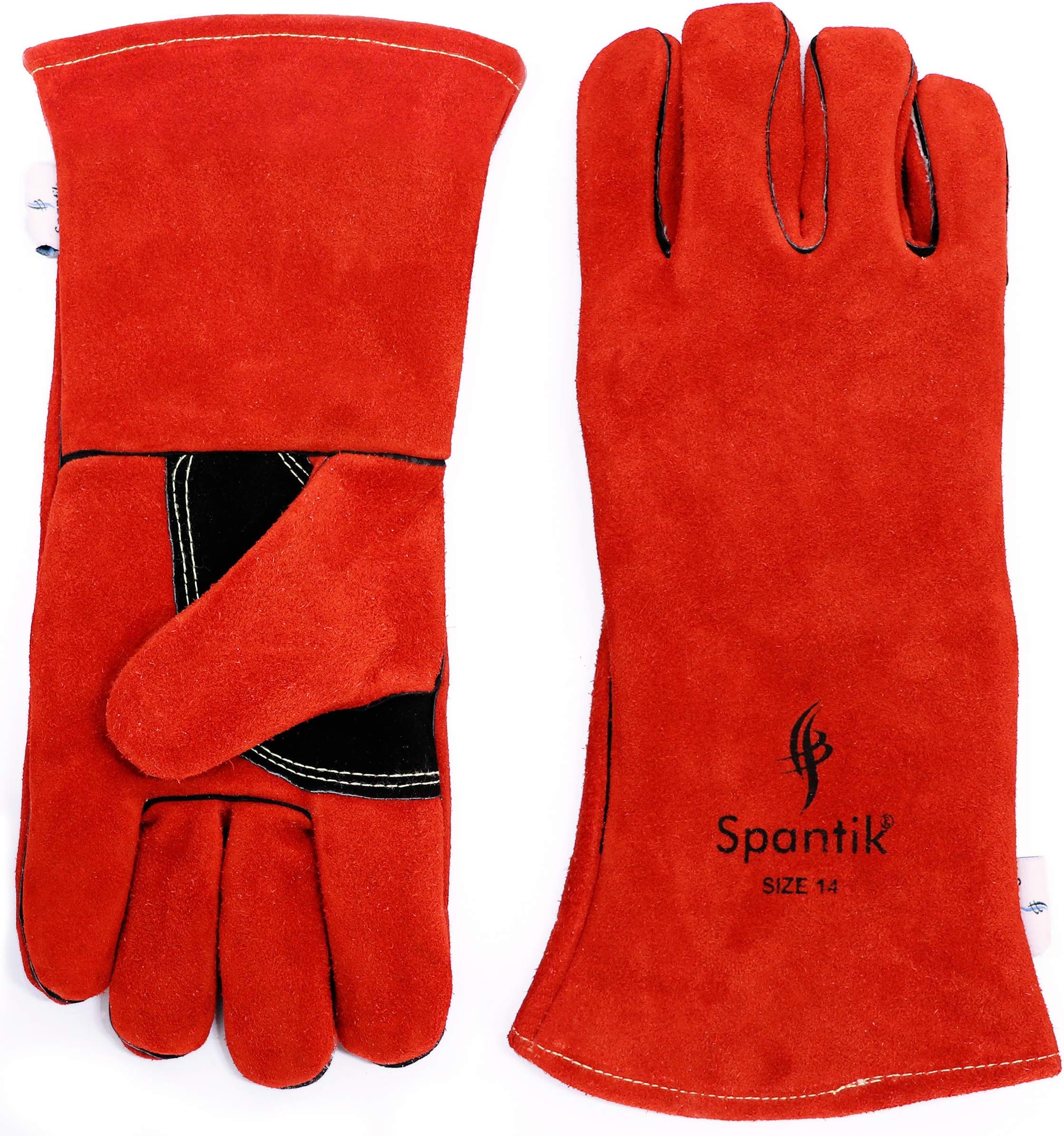 Spantik Genuine Cowhide Leather Welding Gloves 16 Oz 14 Inch | Best for Stick Welding, Mig, OxyAcetylene Professionals Forge Heat Fire Resistant BBQ Grilling Oven Mitts Fireplace Camping Furnace