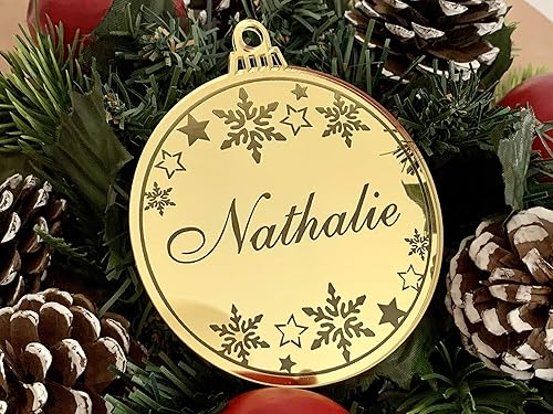 Miniatura 3 de Adorno personalizado para árbol de Navidad, nombre personalizado grabado, decoraciones navideñas, bola de Navidad con espejo, copos de nieve,