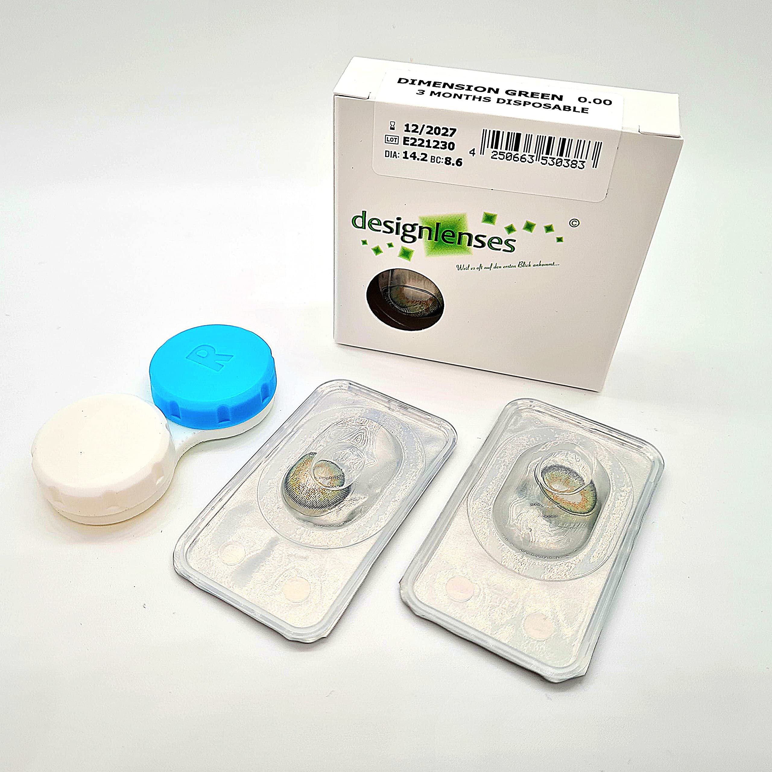 Lenti a contatto colorate verde, 1 paio (2pz), per un aspetto naturale - senza gradazione/diottrie - buono per occhi scuri + caso di lenti "Dimension Green"