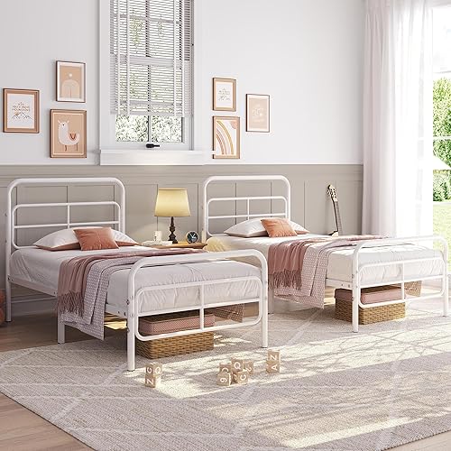 Yaheetech Juego de 2 camas de plataforma de metal modernas de tamaño individual XL con cabecero con patrón geométrico, almacenamiento debajo de la