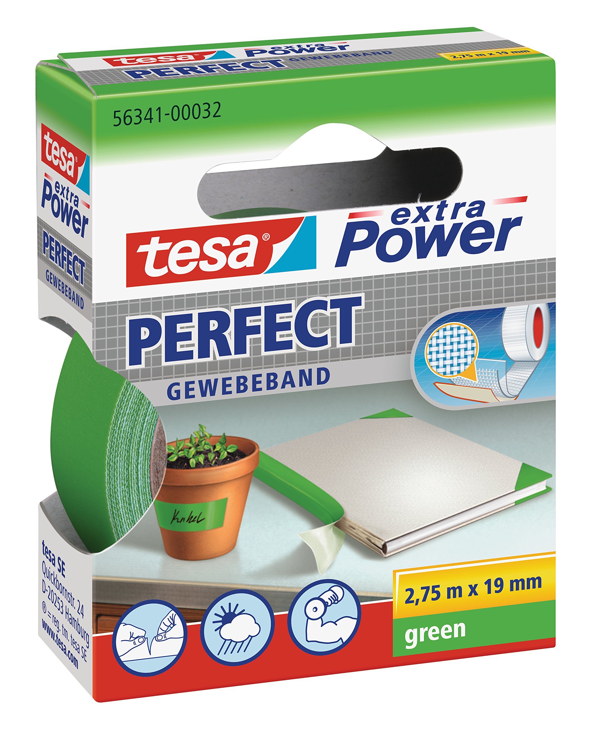 Tesaextra Power Perfect Cloth Tape - Fabric-Reinforced Repairing Tape for Crafting, Repairing, Fastening, Reinforcing and Labelling - Green - 2.75 m x 19 mm