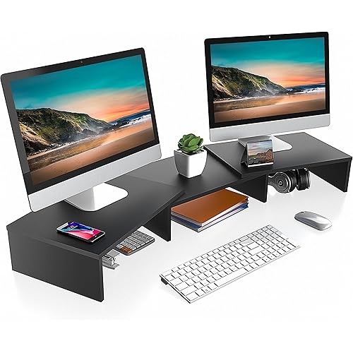 FITUEYES Dual Monitor Stand – 3 Shelf Computer Monitor Riser, Wood Desktop Stand with Adjustable Length and Angle, Desk Accessories, Office Supplies Medium Black,DT108001WB