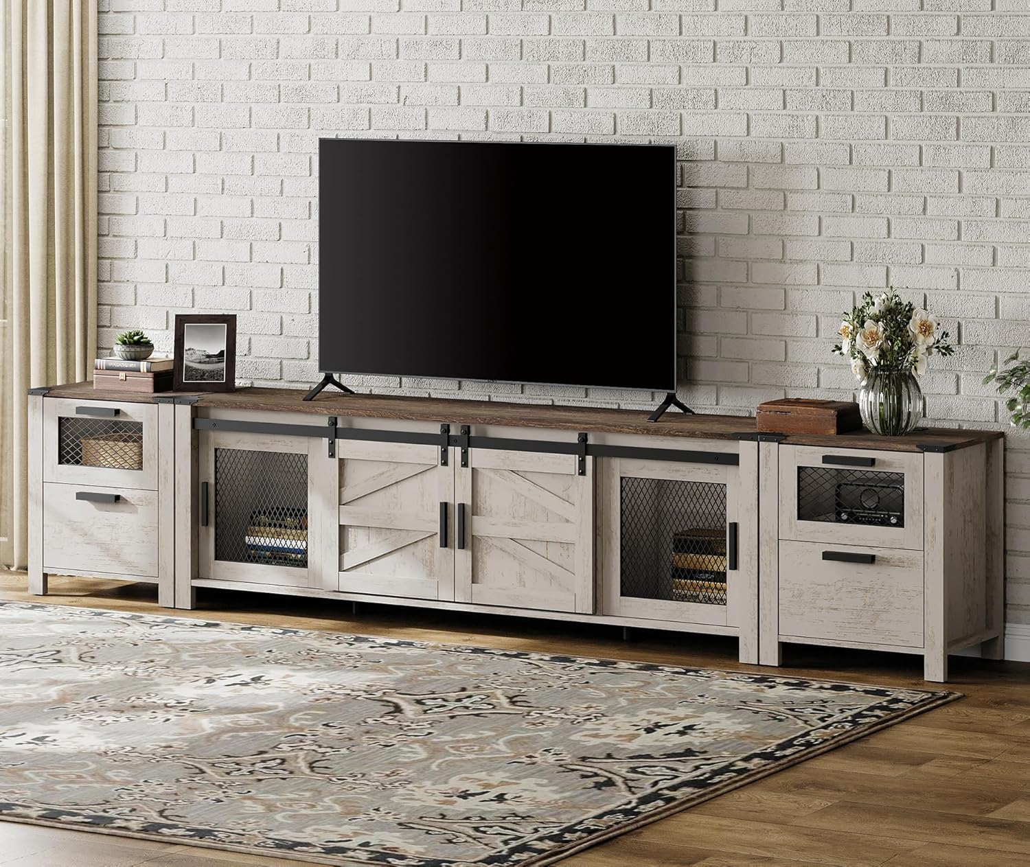 WAMPAT Farmhouse TV Stand Set for 85 inch TV, 2 in 1 Wood Universal TV Stand with Charging Station, Entertainment Center TV Console Table for Living Room, Antique Brown and White