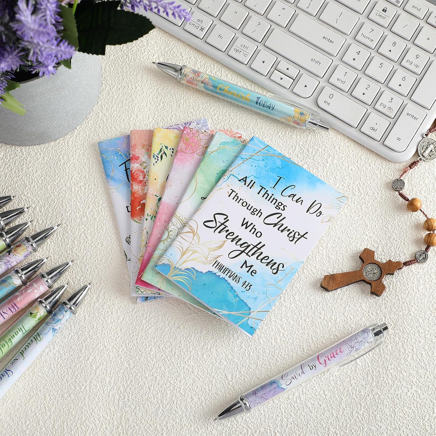 Colarr 12 Sets Christian Bulk Gifts for Women Bible Verse Pens Notebooks Religious VBS Scripture Ballpoint Pens Bookmarks Journal for Easter Sunday School Church Inspirational Supply(Flower) - Image 5