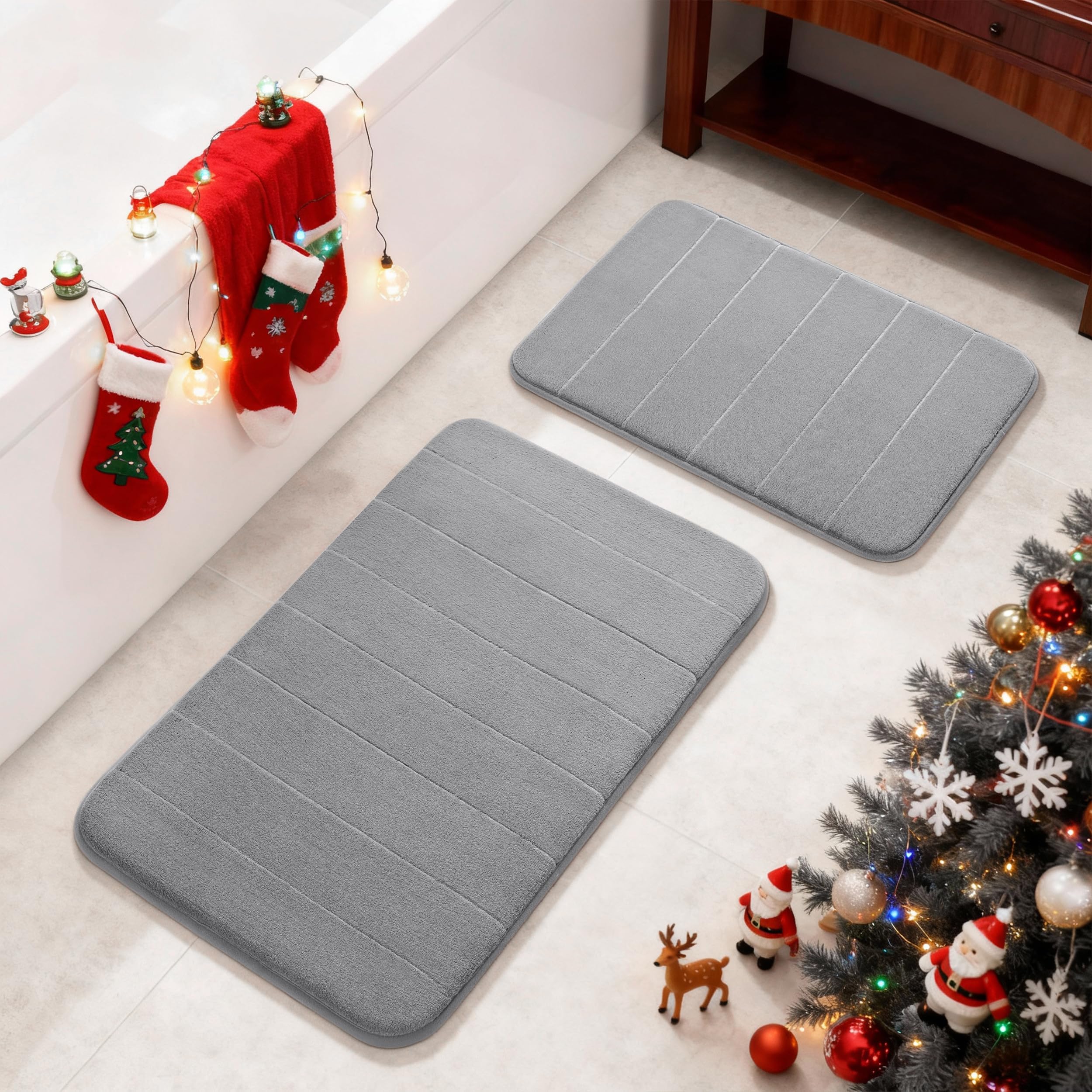 Yimobra Memory Foam Bath Mat Set, Non Slip Super Water Absorption Soft Bathroom Rugs, Thick, Dry Fast, Machine Washable for Bathroom Floor Mat, 17x24+31.5x19.8 Inches, Gray