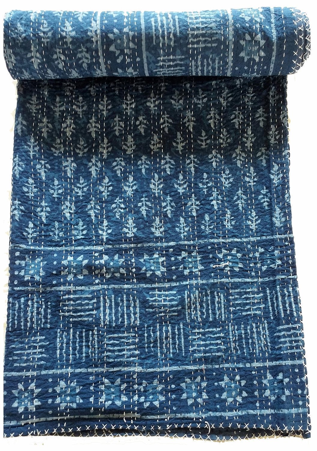 Sophia-Art Natural Blue Indigo Hand Block Print Indian Cotton Kantha Quilt,Handmade Kantha Stitched Bed Cover/Blanket