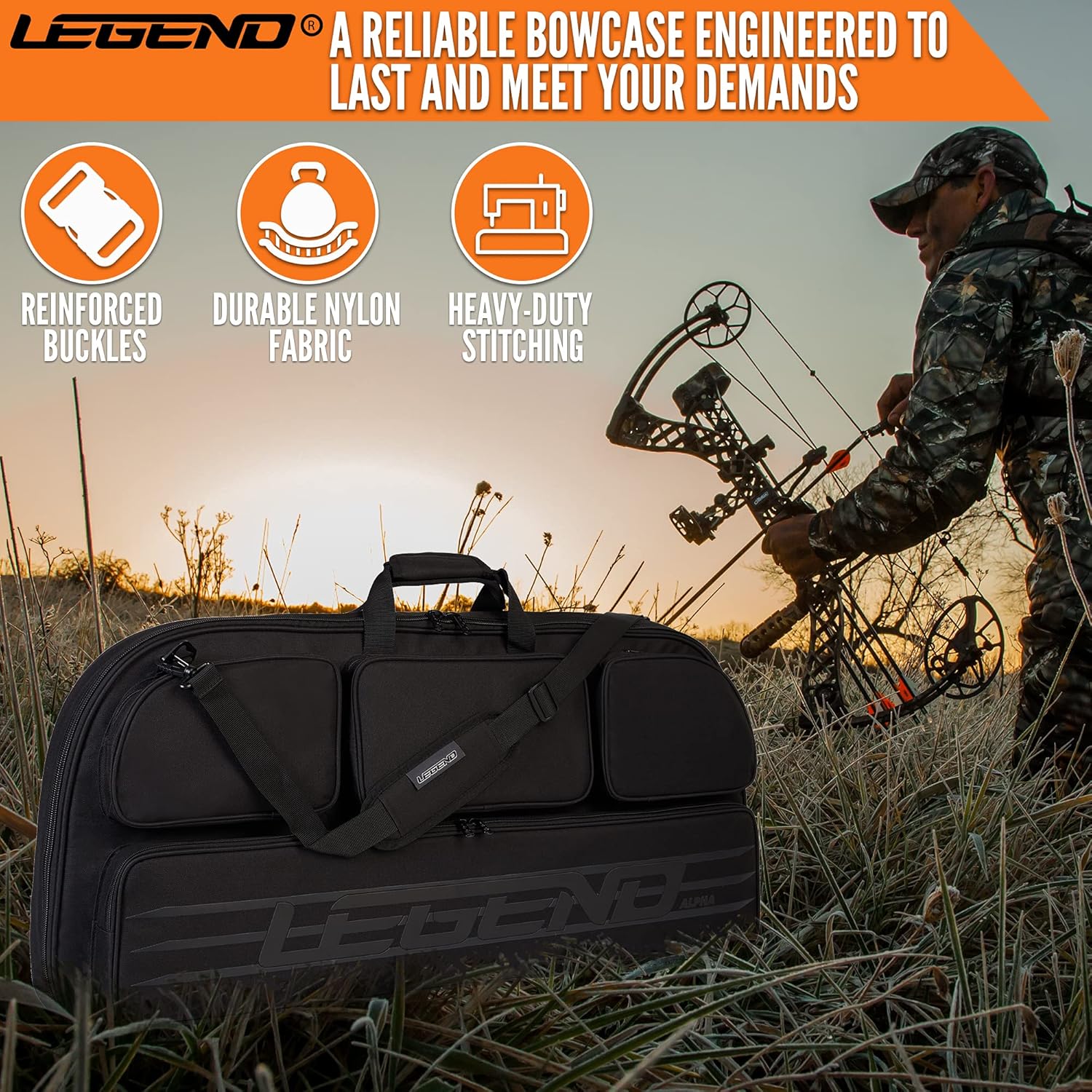 LEGEND Alpha Compound Bow Case - Securely Fits MTM Ultra Compact Arrow Cases - Archery Bow Bag with Back & Shoulder Straps - Includes Cam Protectors, Soft Padding, and Extra Pockets 37"x16.5" Interior
