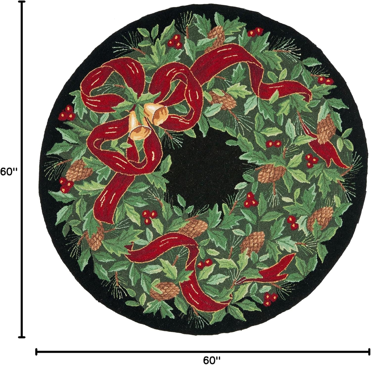 SAFAVIEH Vintage Poster Collection Area Rug - 5' Round, Black & Green, Handmade Christmas Wreath Novelty Wool, Ideal for High Traffic Areas in Living Room, Bedroom (VP323A)