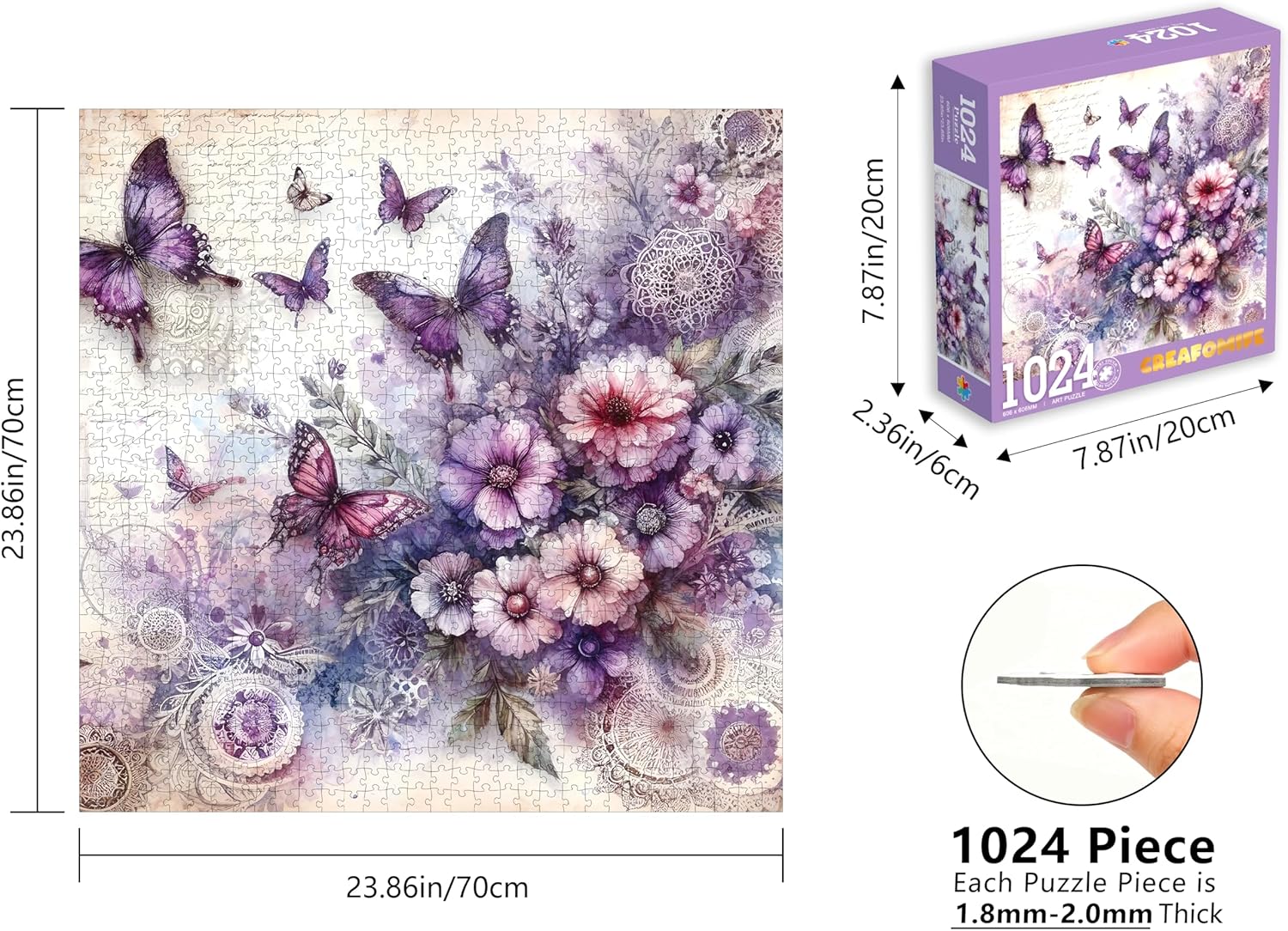 1024 Piece Jigsaw Puzzle for Adults, Hard Difficult Challenging Family Game Large Puzzle, Gift for Puzzle Lovers Purple Butterflies & Flowers (27.5 x 20 Inches)