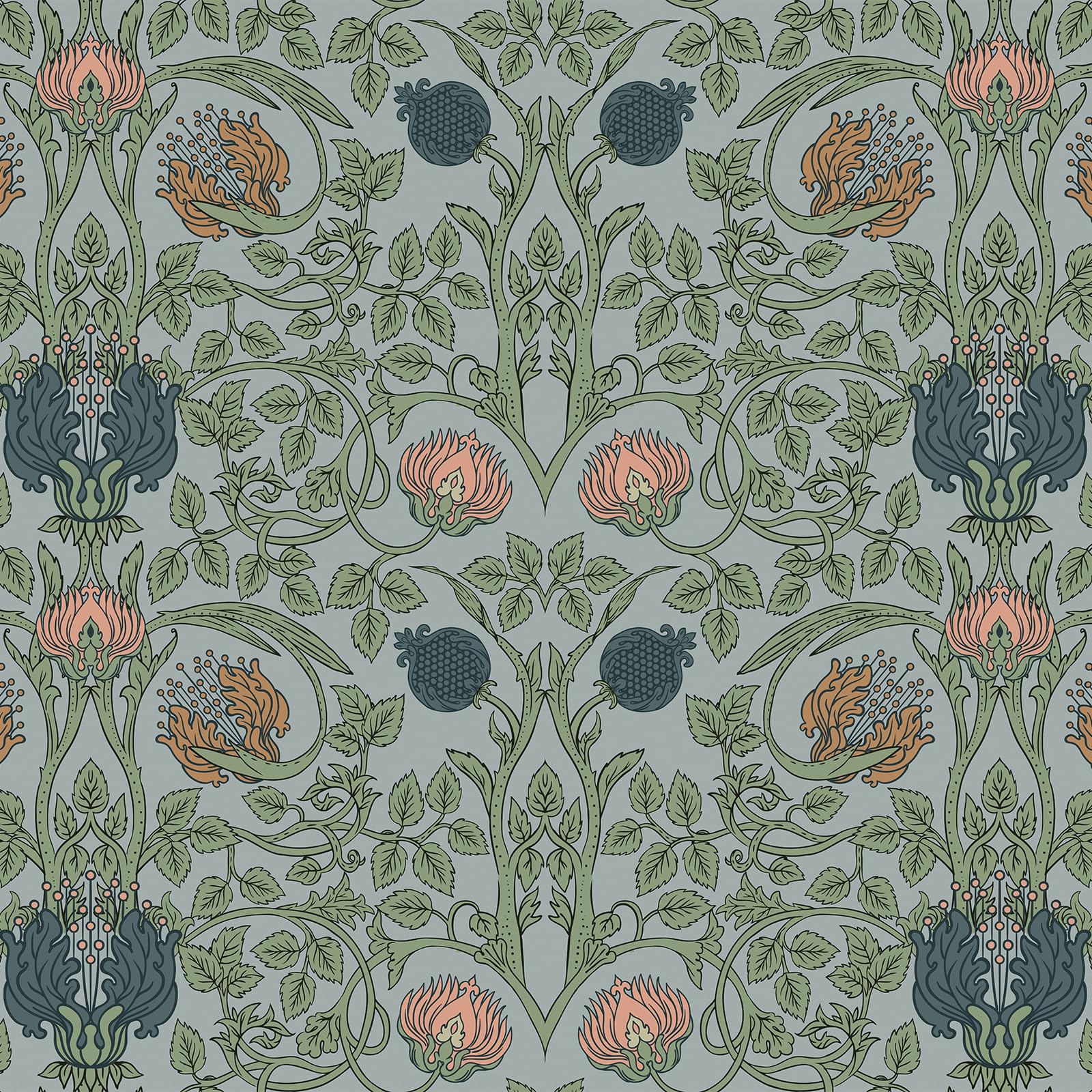 VEELIKE Retro Blue Floral Wallpaper Peel and Stick Vintage Floral Art Deco Wallpaper for Bedroom Bathroom 17.7''x118'' Removable William Morris Wall