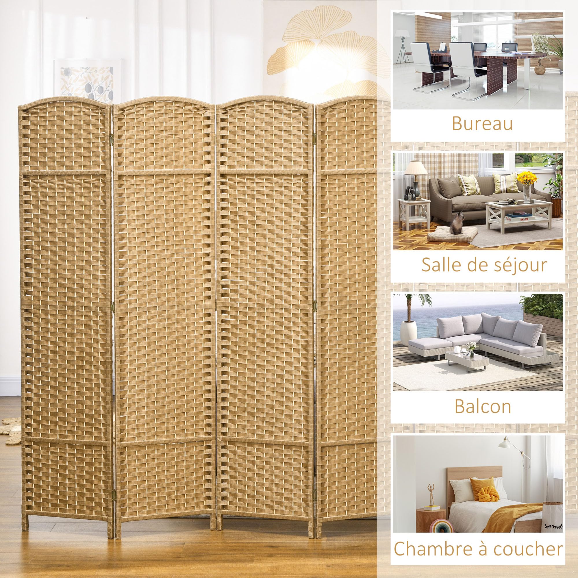 HOMCOM Paravent Interieur en Bois 6 Panneaux 240 x 170 cm séparateur de pièce Pliable avec Finition tissée, closion de séparation pour Salon, Chambre à Coucher, Maison, Bois Naturel