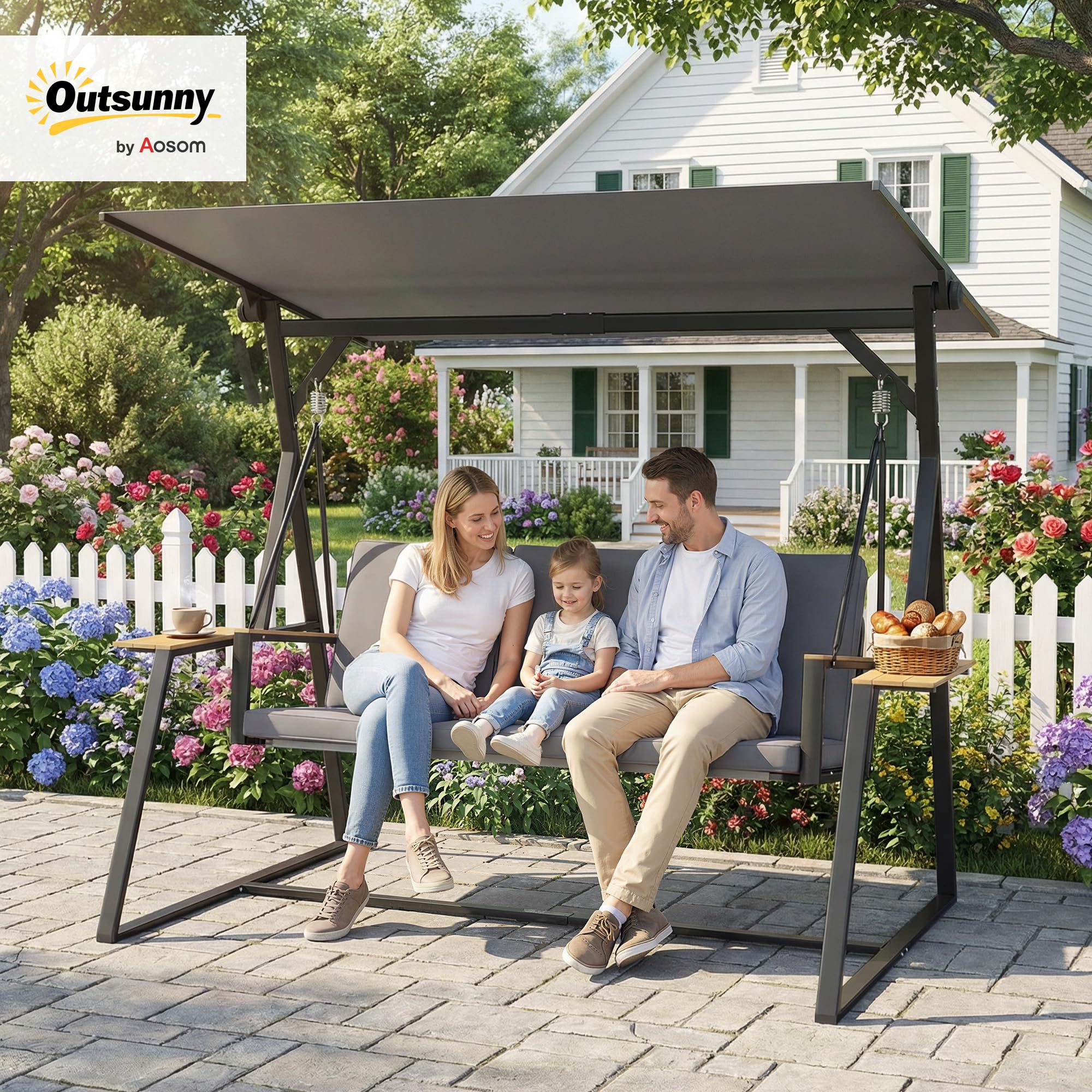 Outsunny 3-Sitzer Hollywoodschaukel mit Verstellbarem Dach 360 kg Grau | Gartenschaukel, Kissen, Getränkeablagen, Stahlrahmen, für Terrasse, Veranda