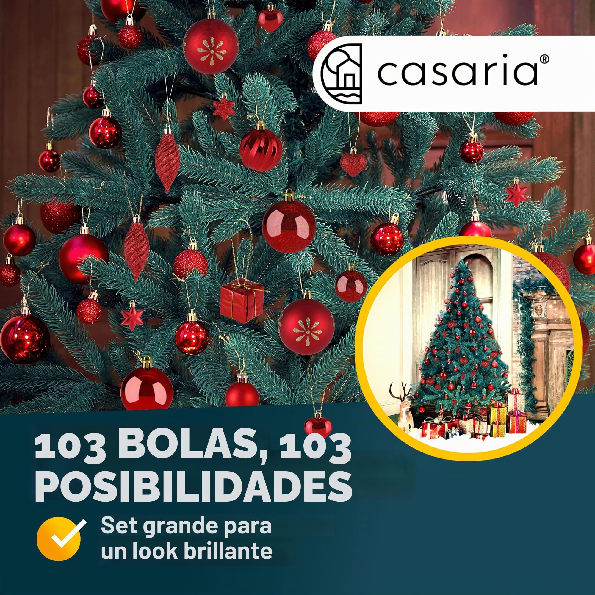 DEUBA® Bolas Adornos para Árbol de Navidad Set Completo 103Pzs. Decoración Navideña Colgante Rojo