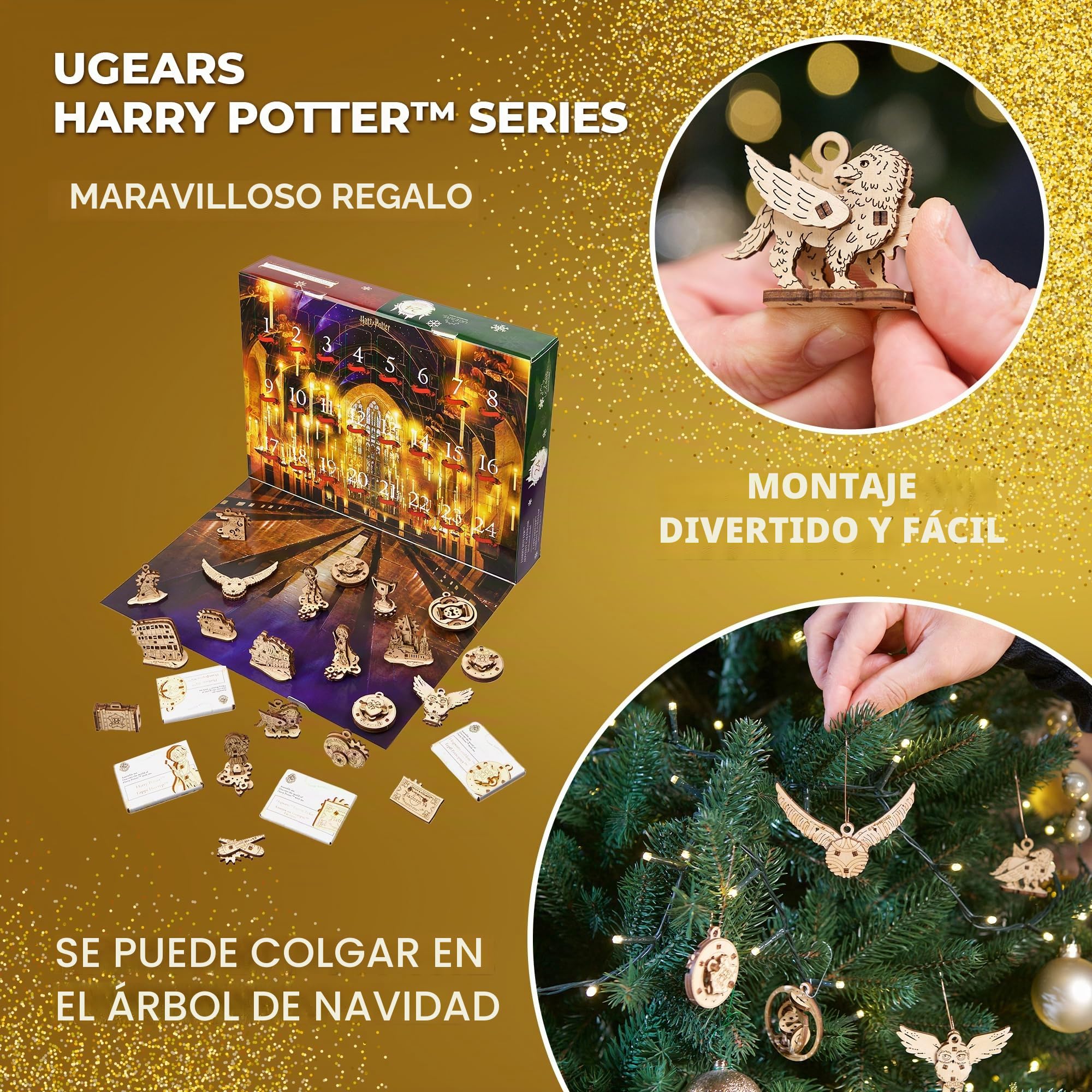UGEARS Calendario Adviento 2023 Harry Potter - Maquetas para Construir - Calendario de Adviento de Cuenta Regresiva de Navidad con 24 maquetas Madera - Incluye Decoraciones para árboles de Navidad