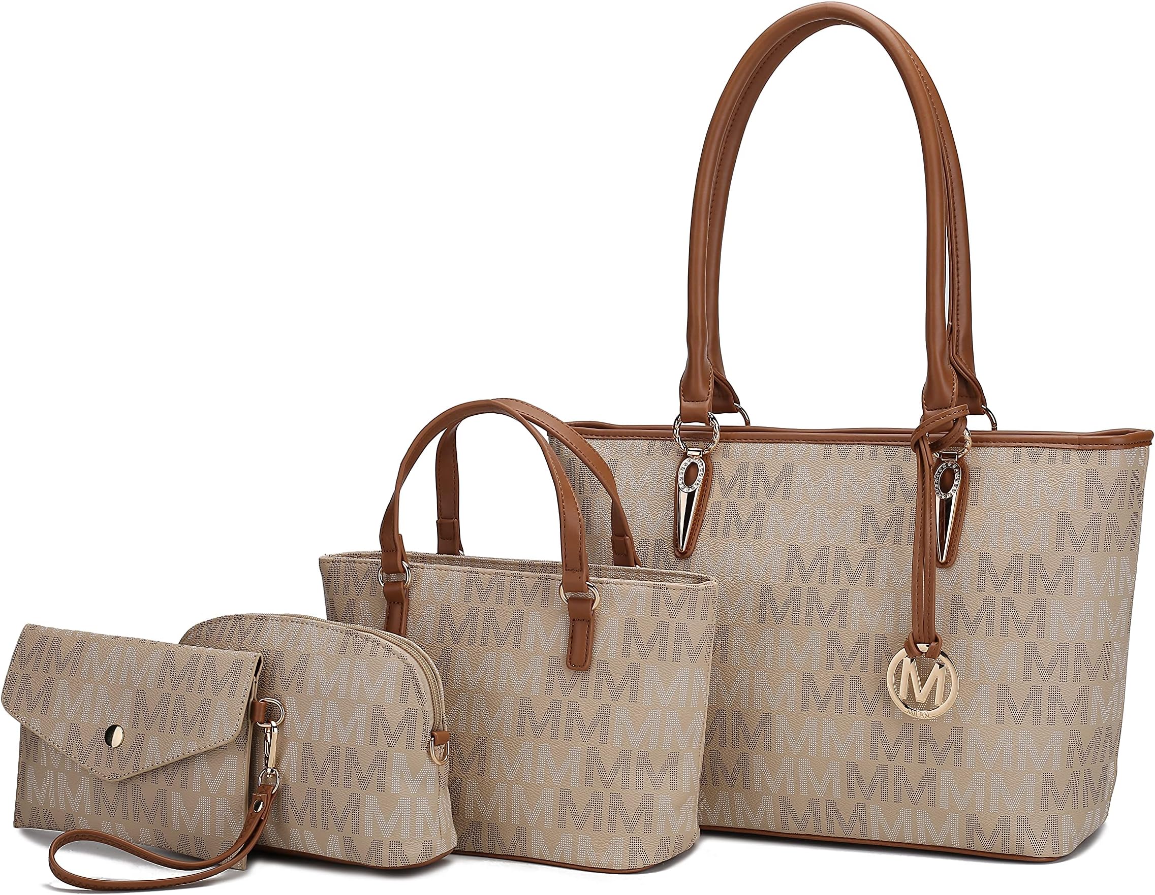 Tote Bag for Women, Shoulder Handbag & Wristlet Pouch Purse Top Handle Vegan Leather 4Pcs Set Pocketbook