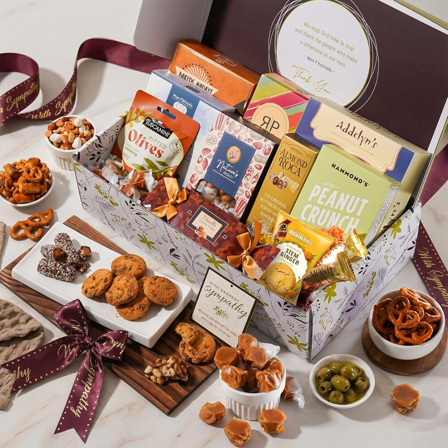 broadway basketeers sympathy gift basket – deluxe gourmet delight condolence & bereavement care package with kosher snacks – thoughtful gift for loss of loved one, funeral, memorial, shiva box - lg