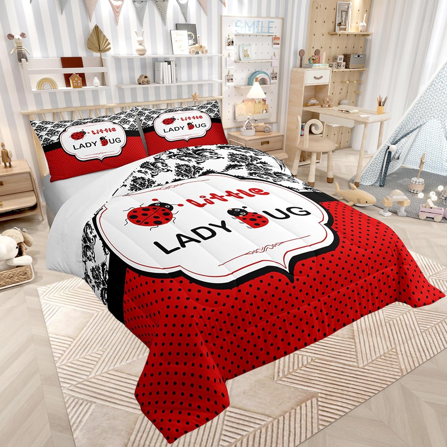 Ladybug Comforter Set for Kids Adults,Cute Polka Dota Red Black Print Bedding Sets Twin,Vintage Gothic Victorian Floral Quilt Sets,Boys Girls Cartoon Theme Quilt Comforter with 2 Pillowcases