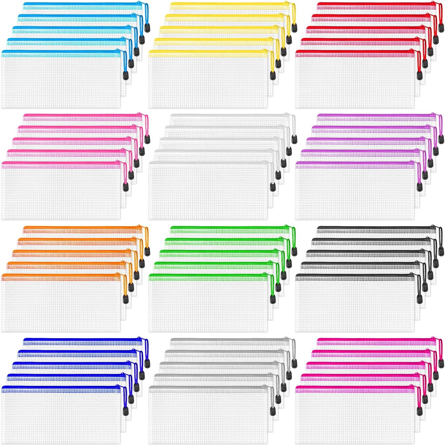 60 Pack Pencil Pouch Bulk, 9.5" x 4.5"Mesh Zipper Pouch Pencil Case, 12 Colors Waterproof Small Zipper Pouches for School Supplies Storage, Travel, Cash, Cosmetics, Office Organization