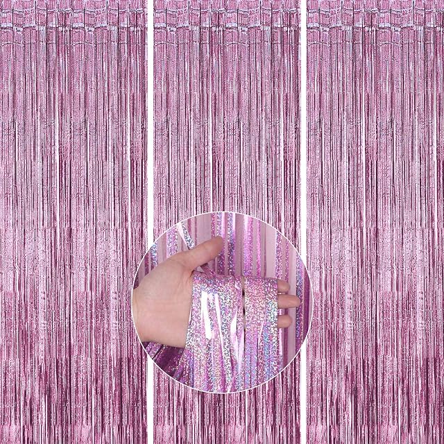 PartyWoo XtraLarge Tinsel Curtains Pink, 3 pcs 3.3x6.6 ft Pink Streamers, Foil fringe Curtain, Fringe Backdrop , Party streamers, Door Shimmer, Backdrop Curtain for Birthday Party Decorations