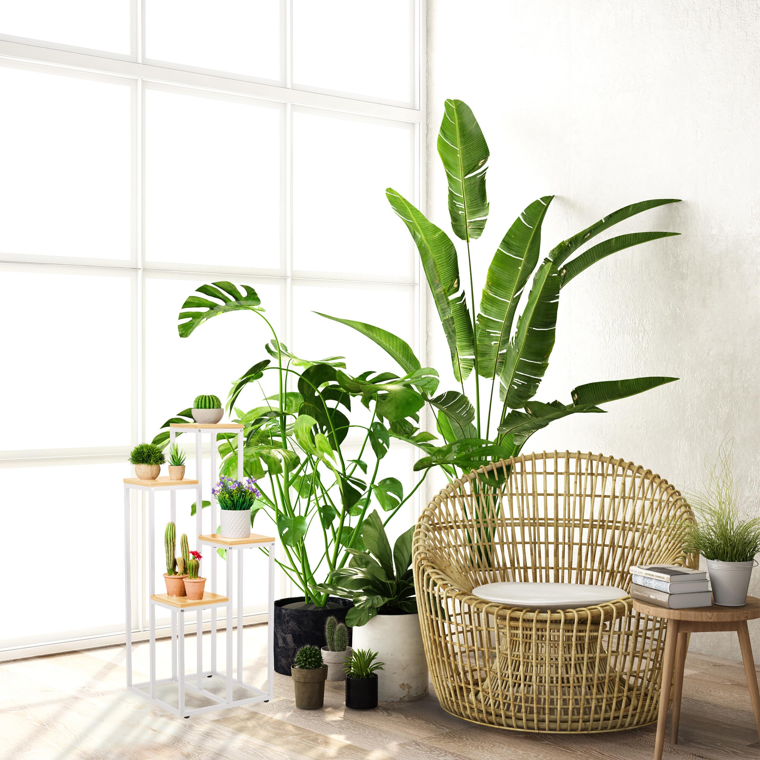 Relaxdays Étagère à Plantes, 4 Niveaux, 100x40x40 cm, Peu encombrant, Acier et MDF, escalier pour Fleurs, Blanc-Nature