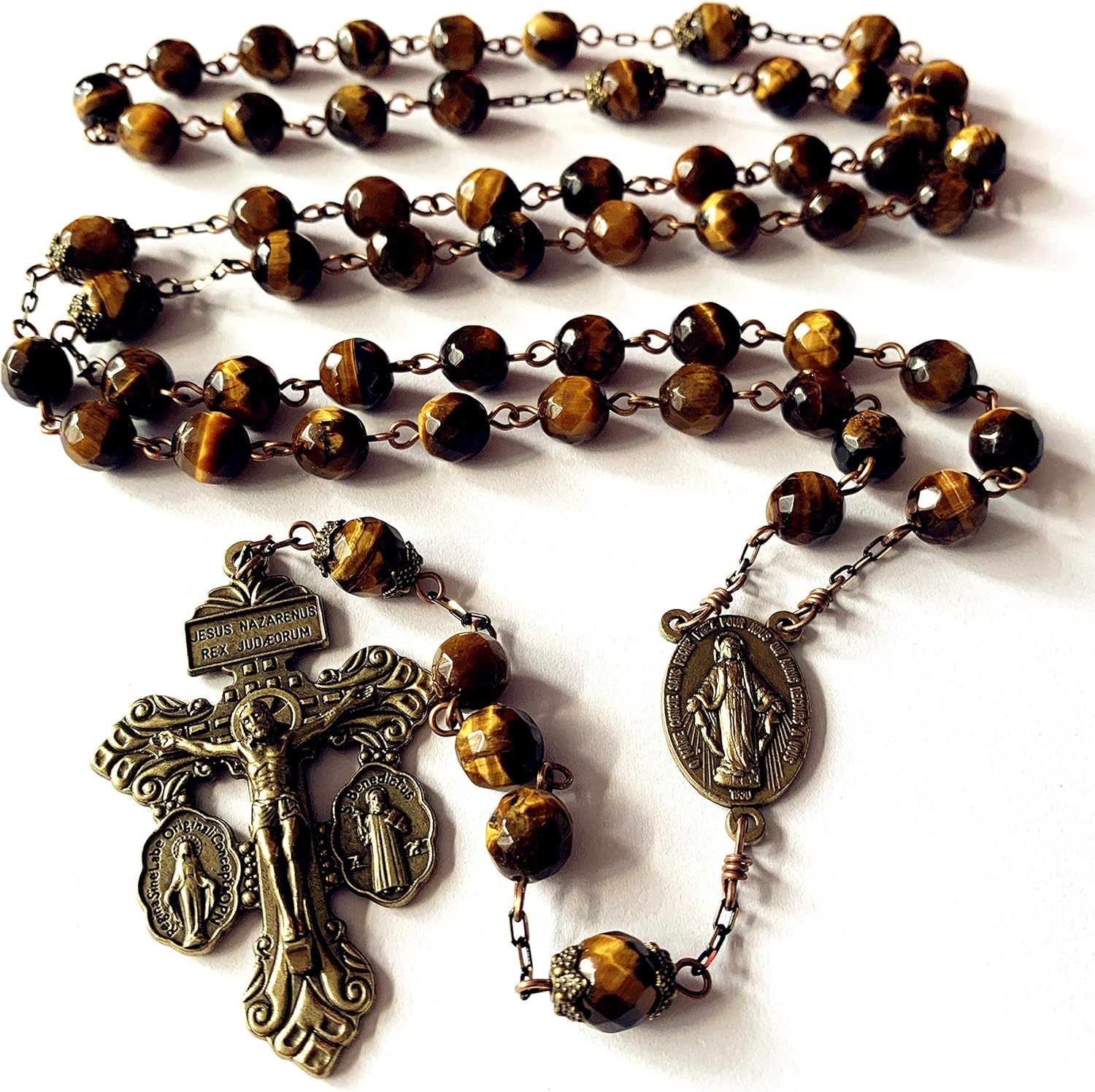 elegantmedical Catholic Tiger Eye Beads Bronze Pardon Cross Rosary Necklace Catholic Gift