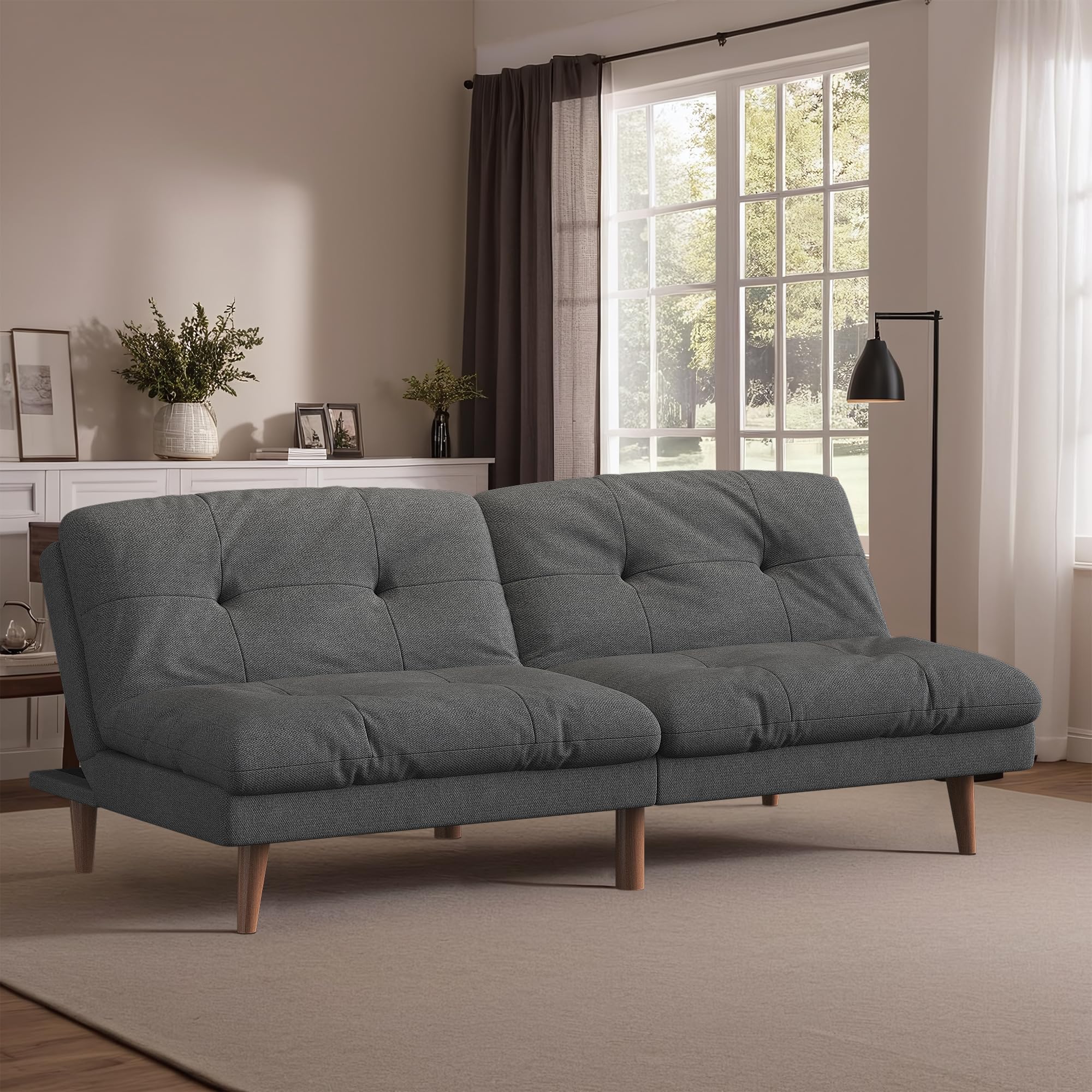 Flamaker 67'' Convertible Linen Futon Sofa Bed with Adjustable Backrest | Upholstered Sleeper Sofa Bed, Modern Solid Wood Frame Loveseat Couch for Apartment, Office & Small Spaces | Grey