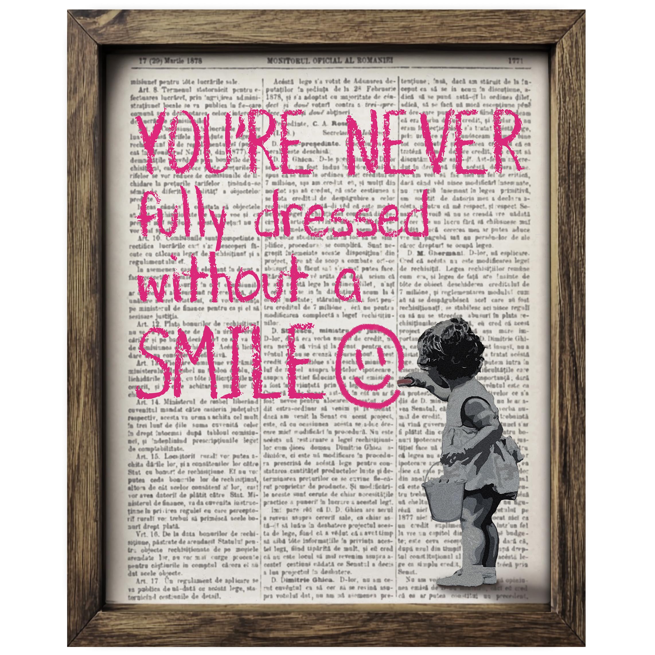 Posterizer 1 Pcs – You're Never Fully Dressed Without a Smile Quote Wall Art 11x14 Brown Motivational & Inspirational Framed Art – for Couples,