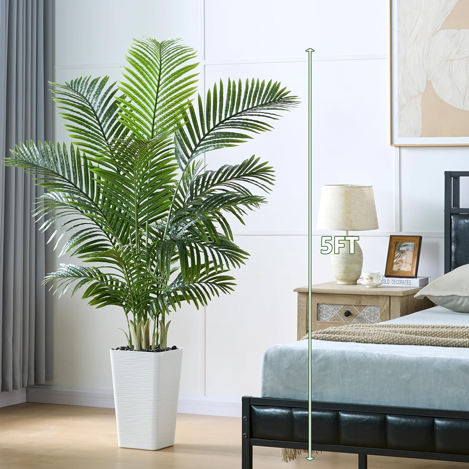 Artificial Palm Tree 5FT - Tall Fake Tree with White Taper Planter & Pebbles, UV Resistant for Indoor & Outdoor, Large Potted Faux Plant, Tropical Areca Floor Plant for Living Room, Office, Home Decor - Image 5