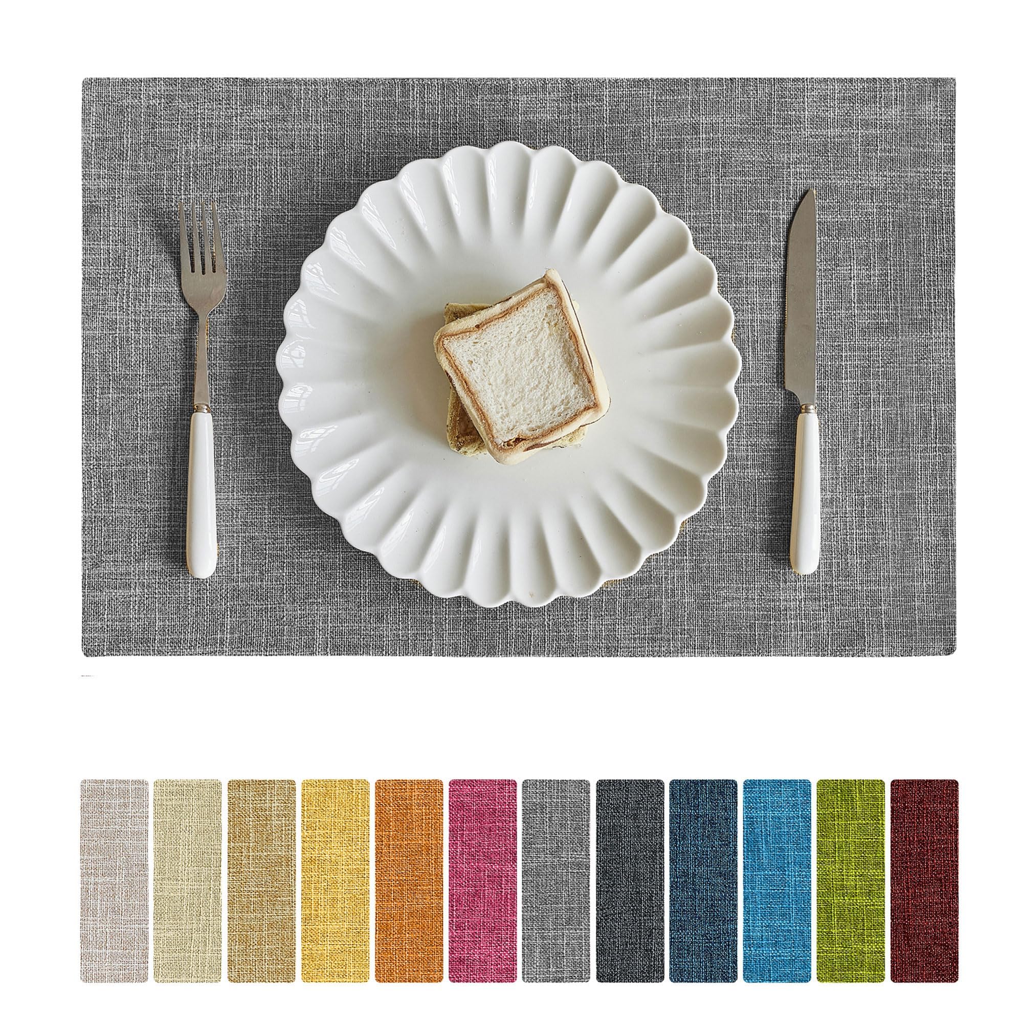 Softalker Faux Linen Placemats Set of 12-12 x 18 Inch, Heat Resistant Double Layered Durable Burlap Farmhouse Place Mats, Non-Slip Washable Rustic