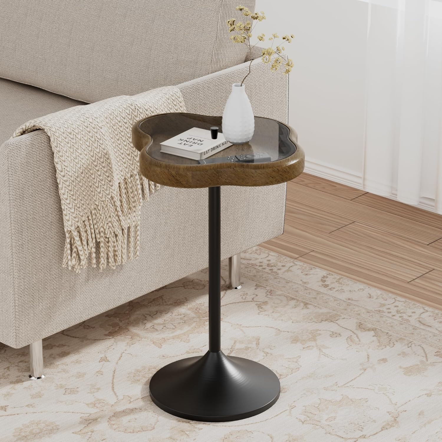 Aoligrace Small Side Table, Solid Wood End Table with Tempered Glass Top, Unique Drink Pedestal Table with Storage for Couch, Small Spaces in Living Room, Bedroom, Corner(Walnut) Walnut-b