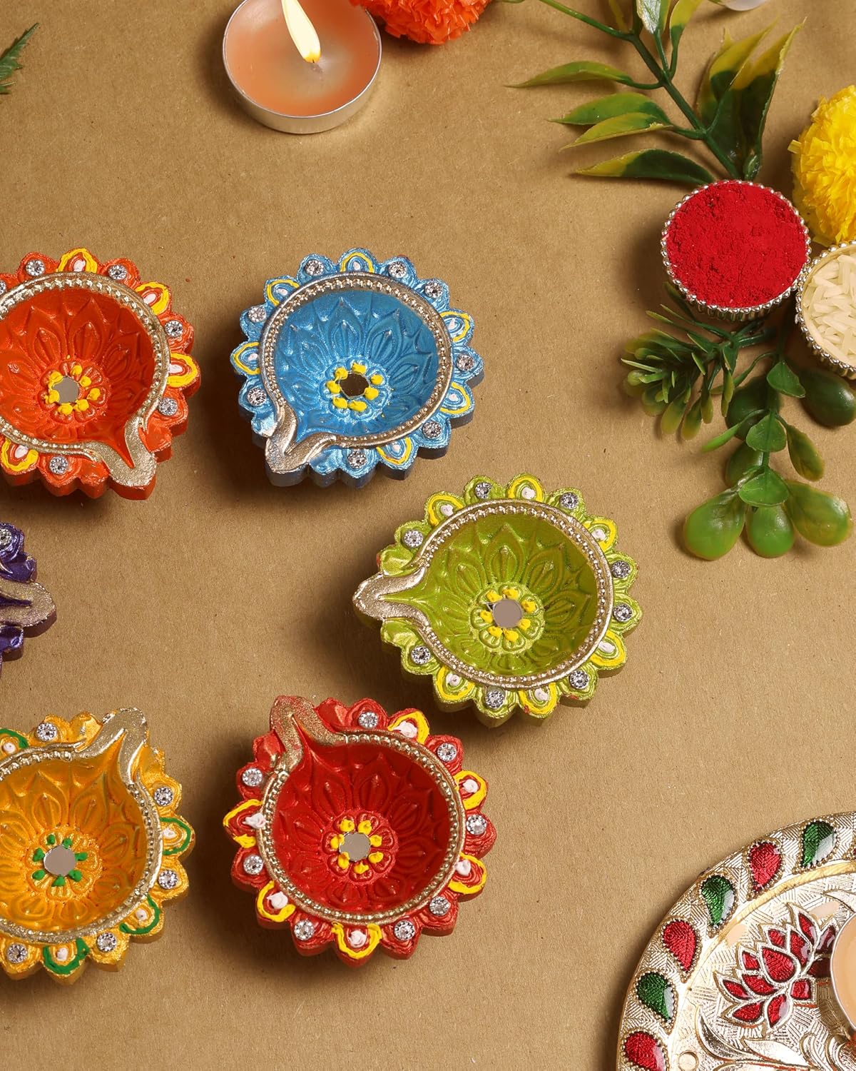 Handmade Terracoaat Set of 6 Multicolor Clay Diya for Diwali/Navratri Decorations Oil Lamp Diwali Clay Diya Tea Light Holder Indian Decor Festival Gifts Puja Items | TRBD6-02