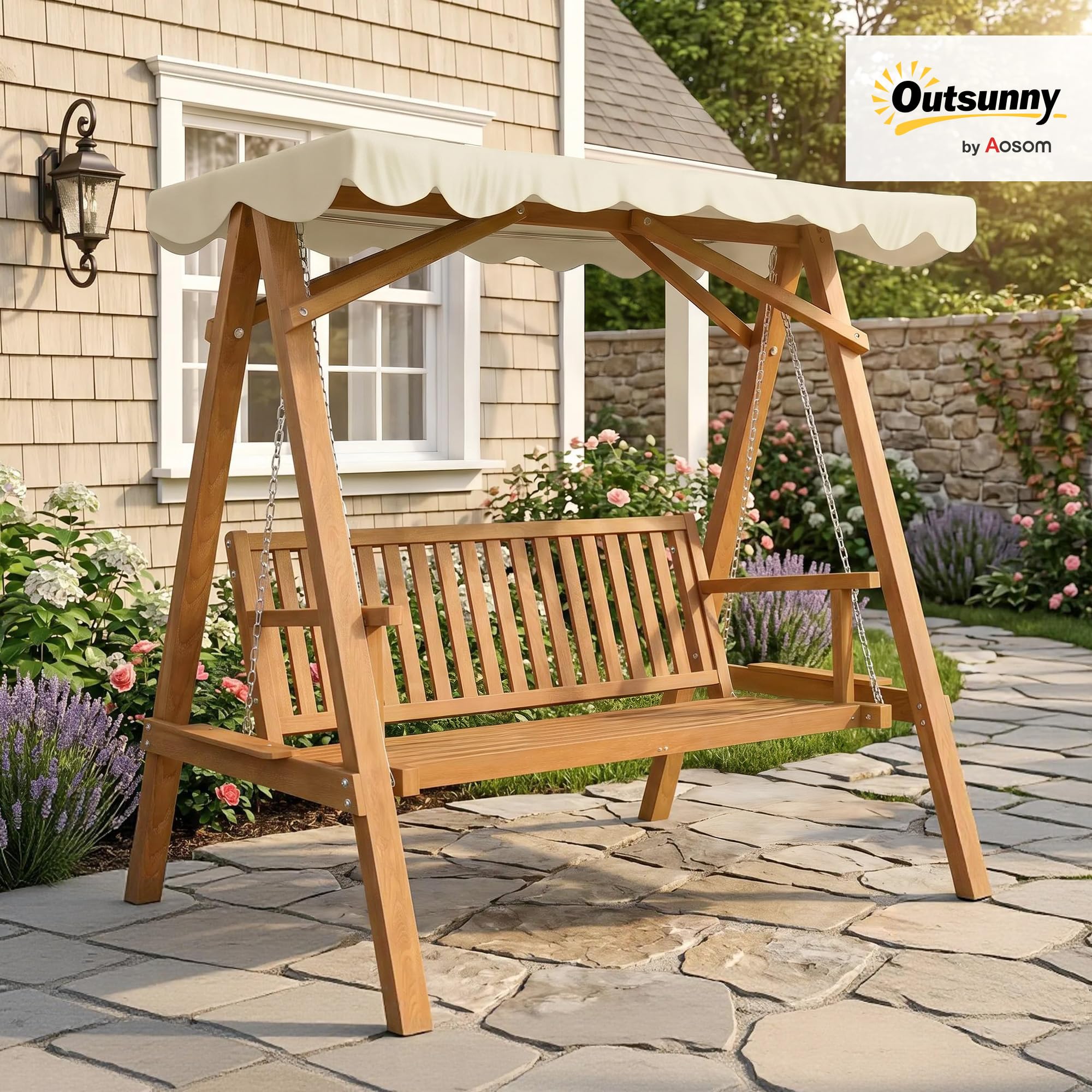 Outsunny Hollywoodschaukel Gartenschaukel Schaukelbank Schaukel 2-Sitzer Lärche Natur+Creme