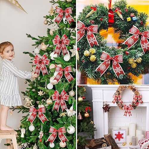 Miniatura 7 de 2 rollos de cinta de copo de nieve con borde con alambre para árbol de Navidad, cinta decorativa de lazos de temporada, cinta de Navidad para