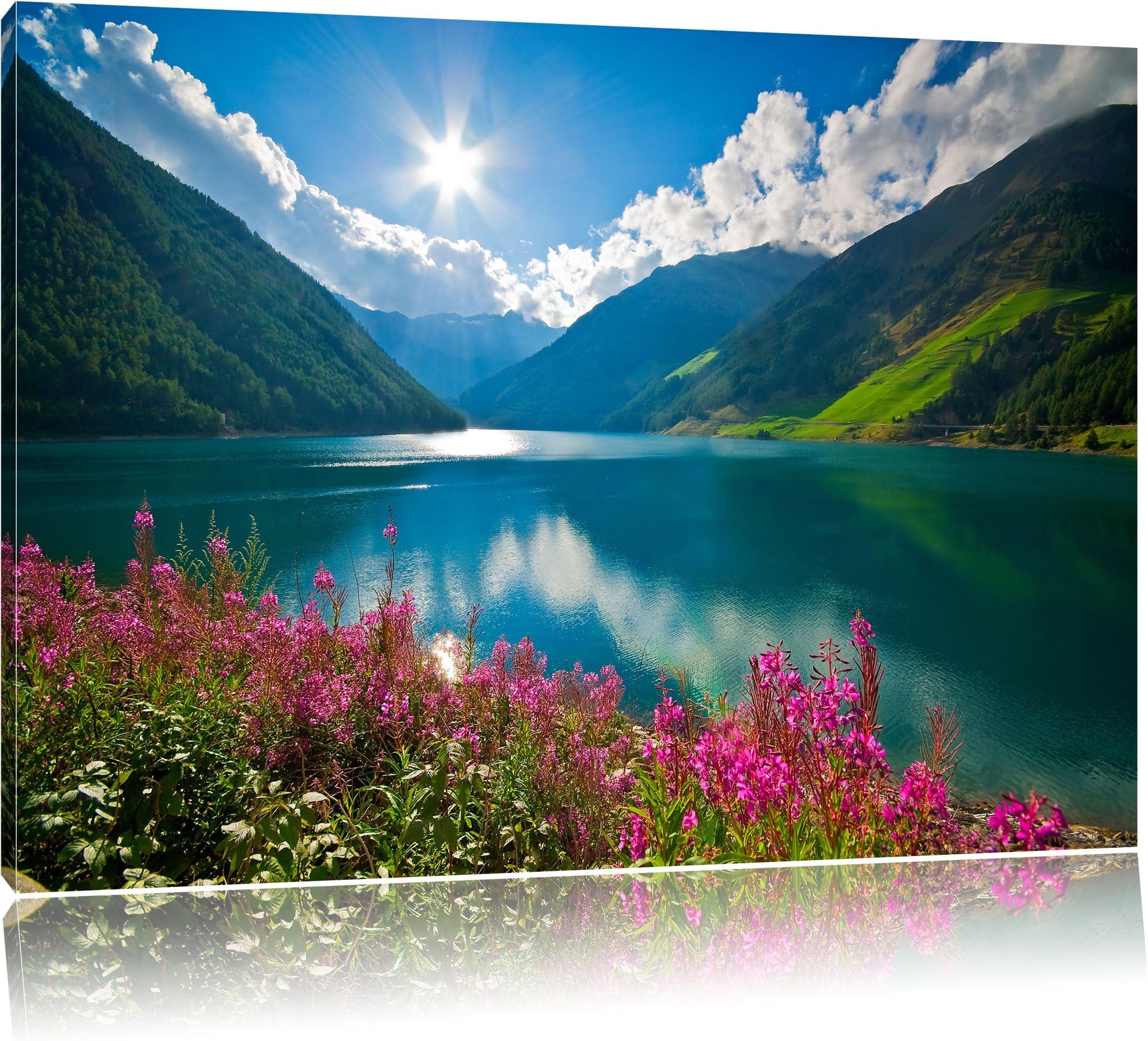 Flower meadow on mountain lake, picture on canvas, XXL Pictures completely framed with large wedge frames, wall art print picture with frame, cheaper than painting or an oil painting, not a poster or placard, Leinwand Format:100x70 cm