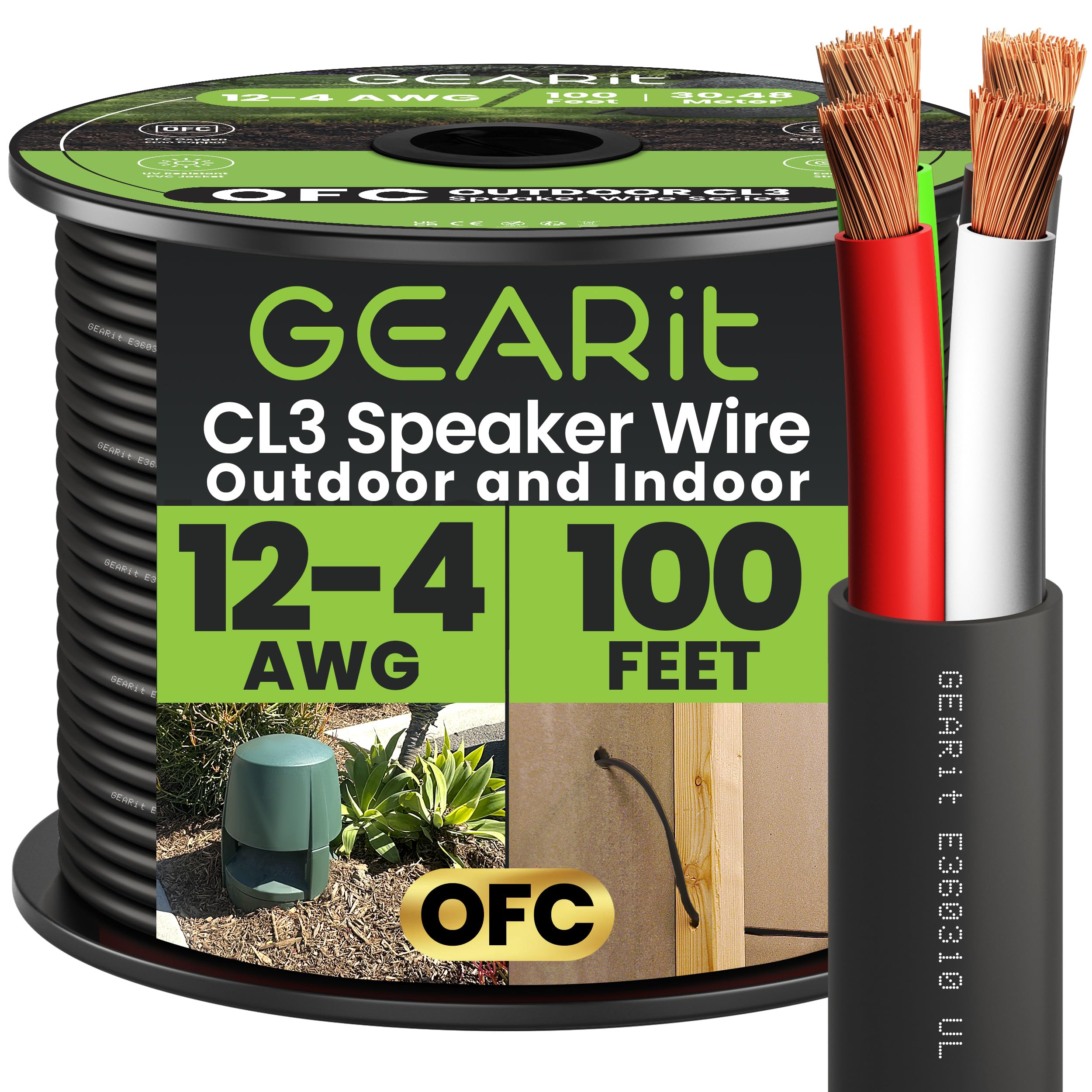 - GEARit Outdoor Speaker Wire CL3 Rated, 12 Gauge Speaker Wire, Speaker Cable 100 ft for Outdoor Speakers, Patio, Garden, Backyard Audio, Direct Burial in Ground/in Wall, OFC (Black, 4-Conductors)