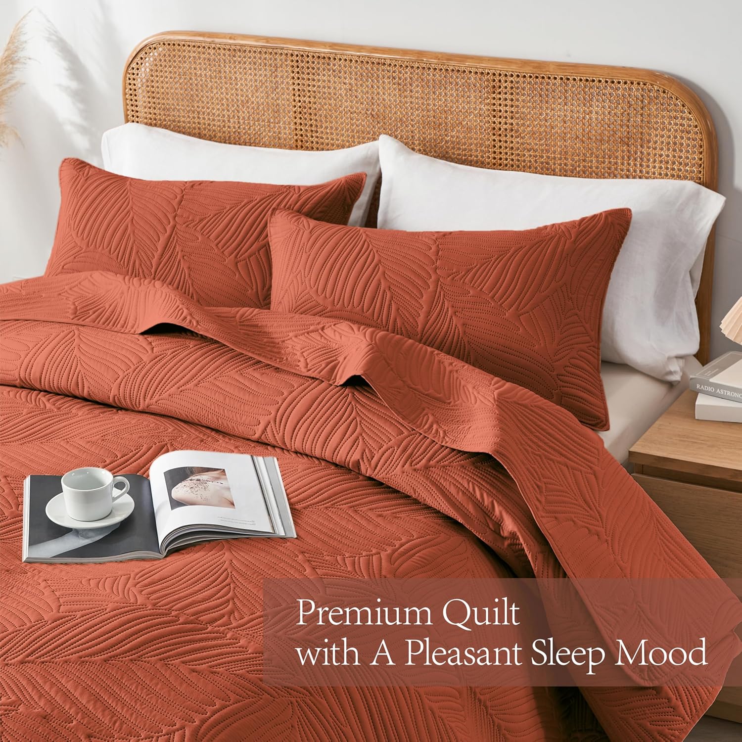 OARAGE King Quilt Bedding Set Lightweight Soft Burnt Orange Bedspread Coverlet with Leaf Pattern,Ultrasonic Microfiber Bed Cover Set for All Season 3 Pieces (1 Quilt, 2 Shams) - Image 5