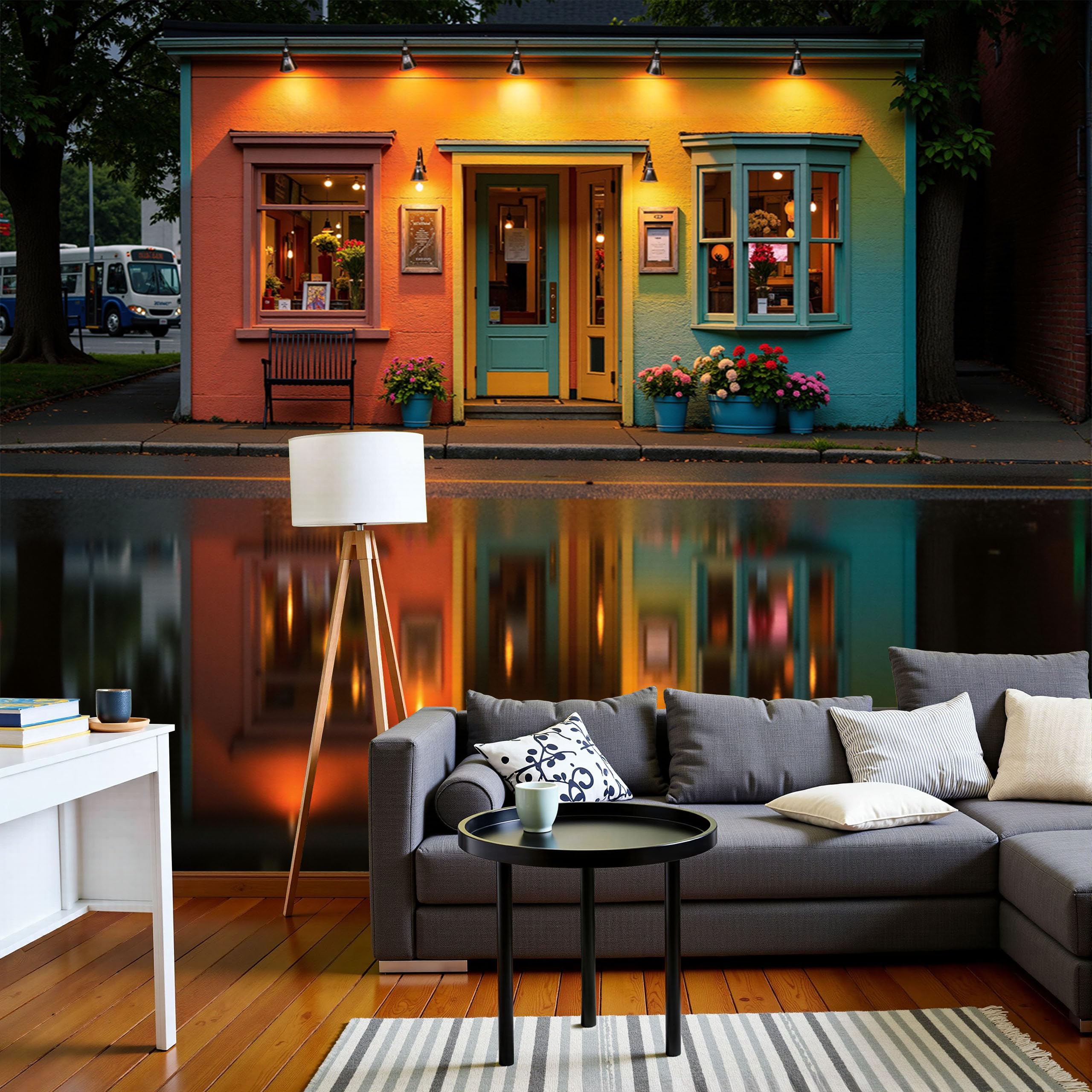 Poster géant mural 3D paysage urbain orange pour salon et chambre