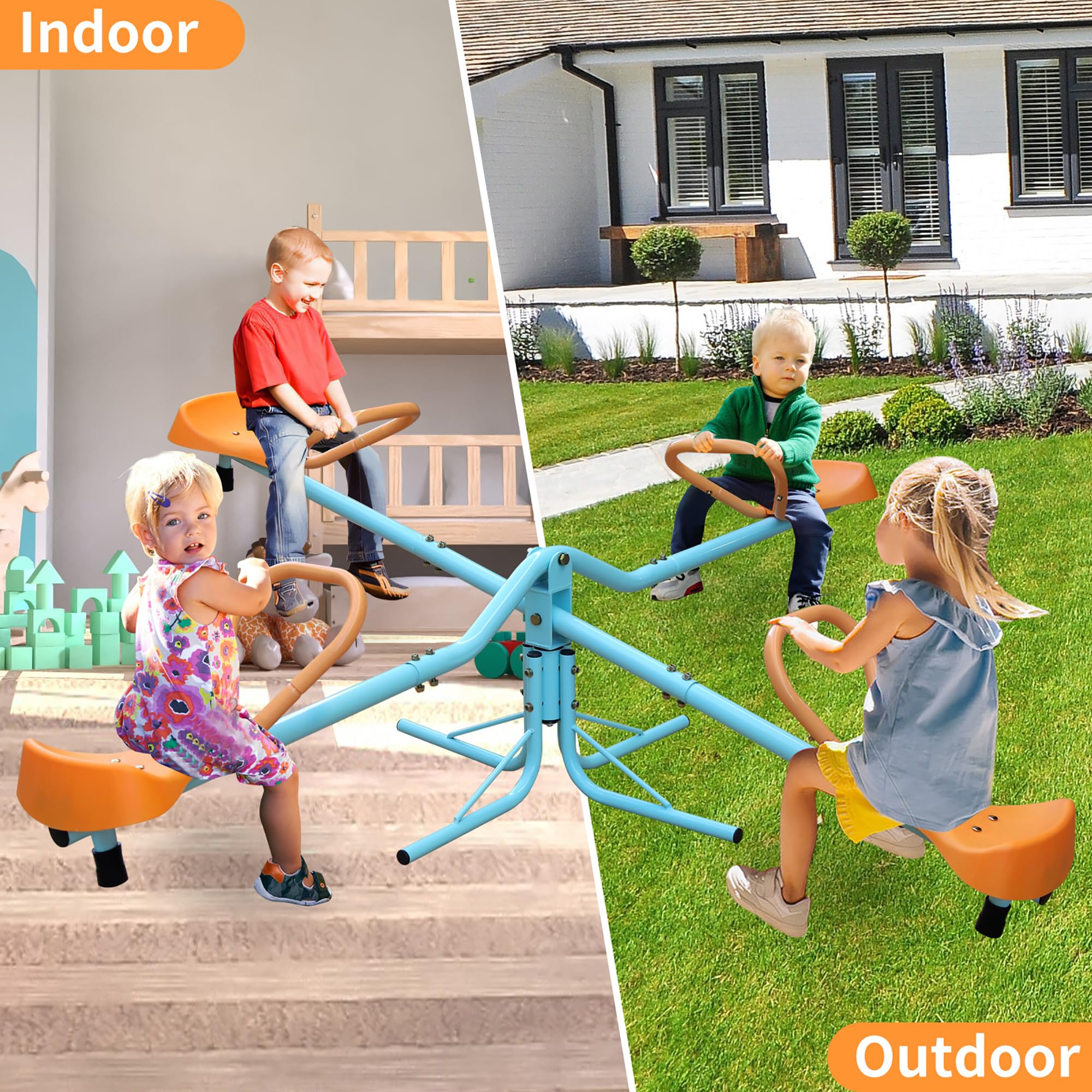 4 Sitzer Wippgerät Kinder 182.88 cm XXL Outdoor Spielzeug mit Rückenlehne und Sicherheitsgriffen Blau Orange Robustes Metallgestell bis 45 kg pro Sitz Garten Terrasse Kindergarten