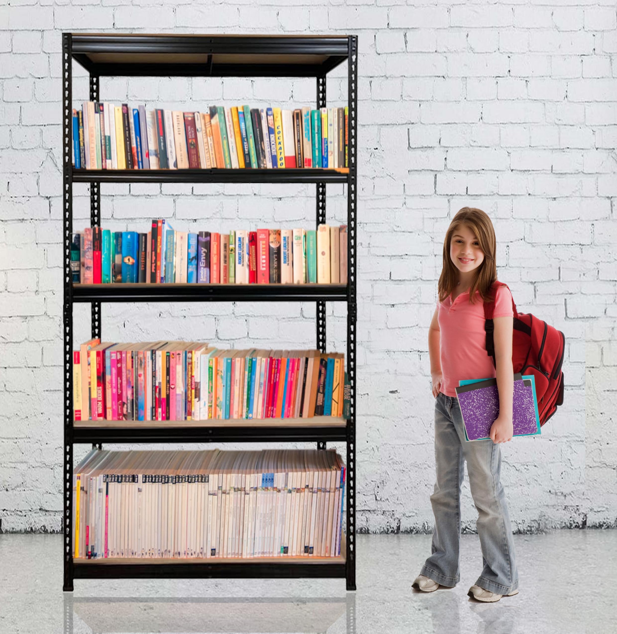 - MATS 5-Shelf Boltless MDF Heavy Duty Slotted Angle Storage Rack – Adjustable Height Folding Shelving Unit, Multi-Use Organizer (900mm x 350mm x 1800mm) – Black