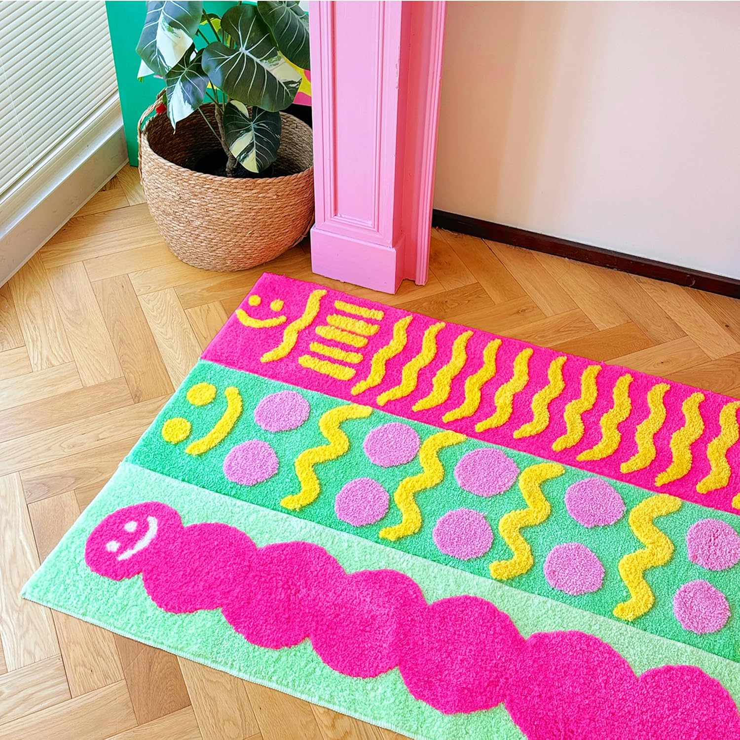 Doodle Tropical Fish Hot Pink Rug – Vibrant Modular Runner, Washable Anti-Slip Carpet Tile, Dopamine Art Design for Bedroom, Hallway & Living Space