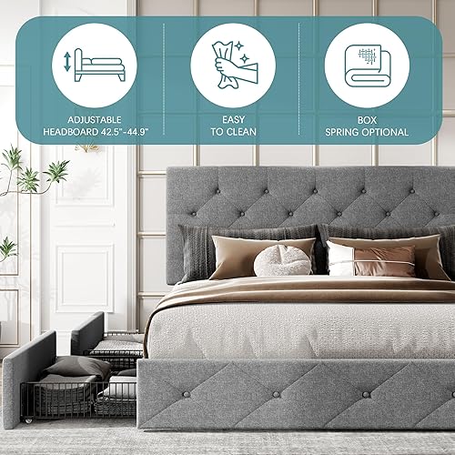 Miniatura 7 de HOOMIC Base de cama de almacenamiento de plataforma de tamaño matrimonial con 4 cajones y cabecera ajustable, listones de madera, no necesita