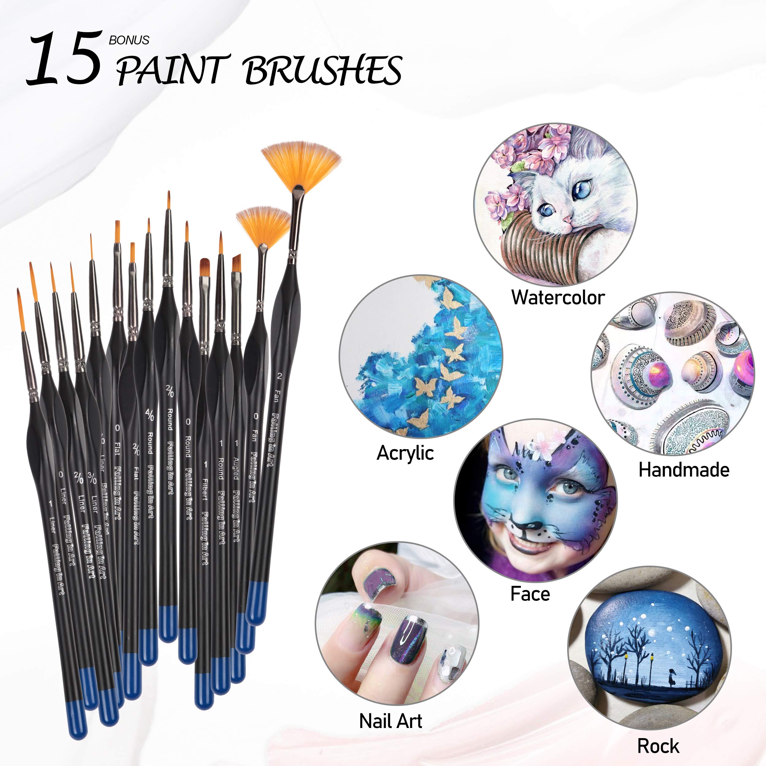 Falling in Art Flat and Round Tips White Sable Paint Brush Set - 18PCS Artist Face Paint Brushes, Short Handled Nylon Brushes Set for Watercolor, Oil, Acrylic, Craft, Gouache