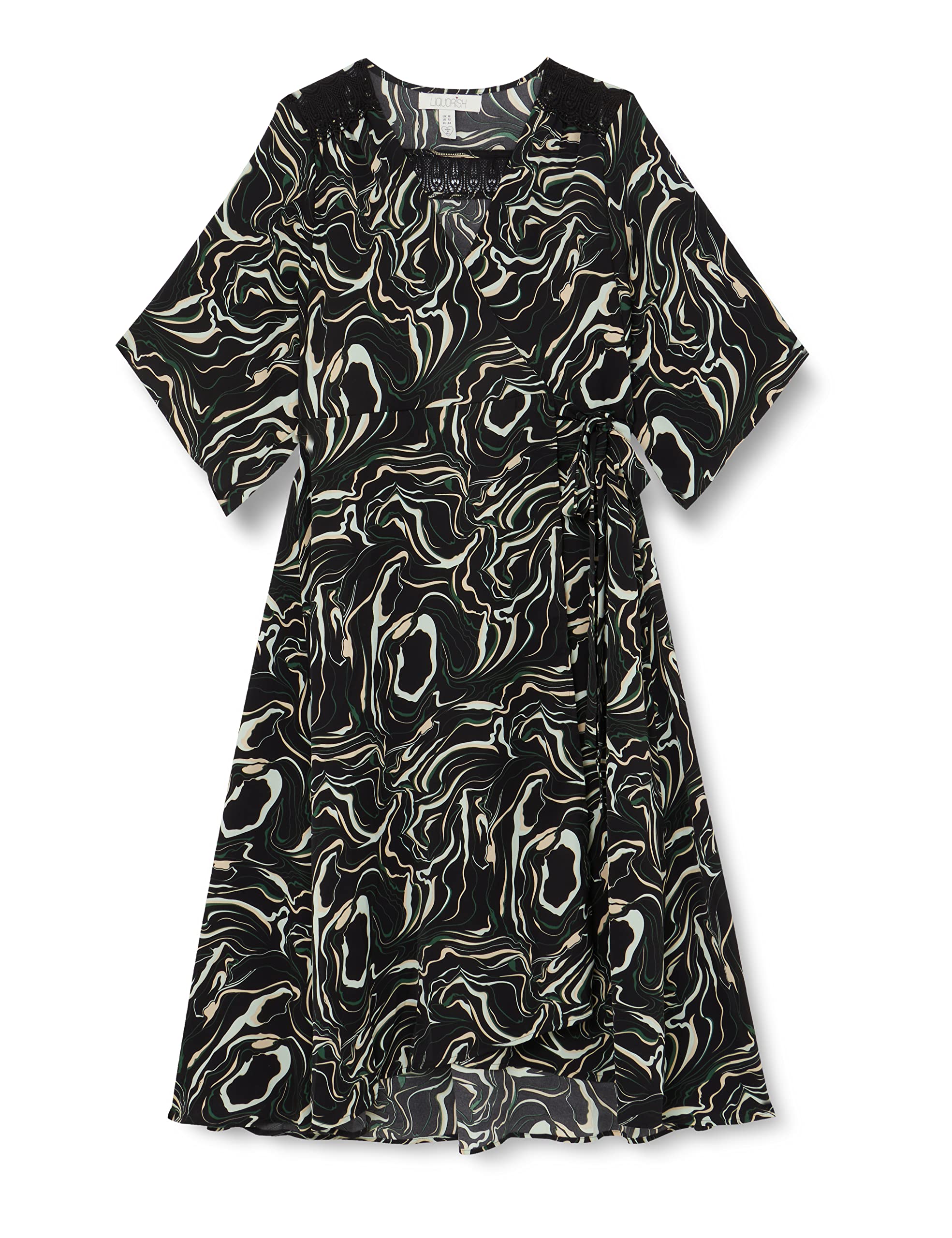 Liquorish Women's Scribble Print Maxi Wrap Dress with Kimono Sleeves in Black Wedding, 16