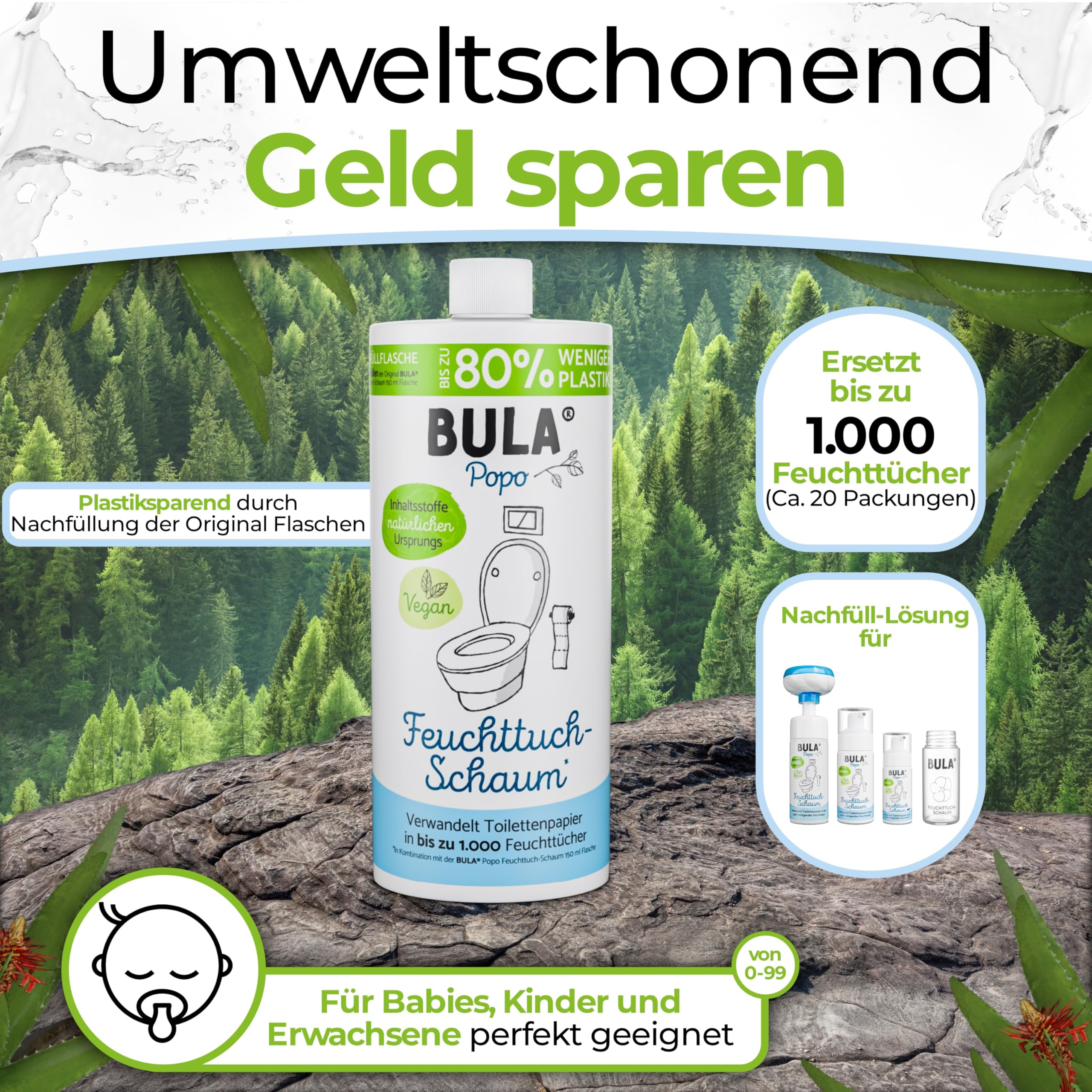 BULA® Popo NACHFÜLL-Flasche (750 ml) NUR ZUM AUFFÜLLEN unserer 150 u. 50 ml-Flasche! | ersetzt bis zu 1.000 Feuchttücher! | mit Inhaltsstoffen aus natürlichem Ursprung
